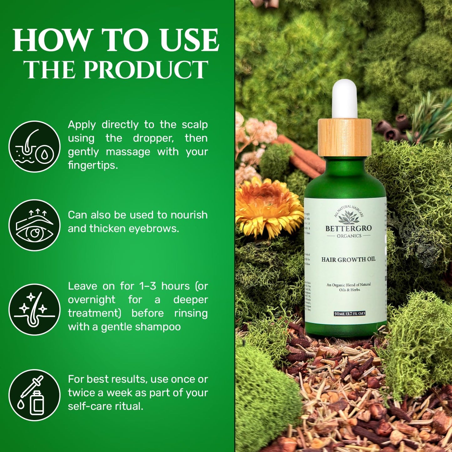 BetterGRO Organic Hair Growth Oil – Herbal & Natural Blend with Rosemary, Black Seed, Amla, Pumpkin Seed & More – Supports Growth, Strengthens Roots, Vegan & Cruelty-Free (1.7 fl oz)