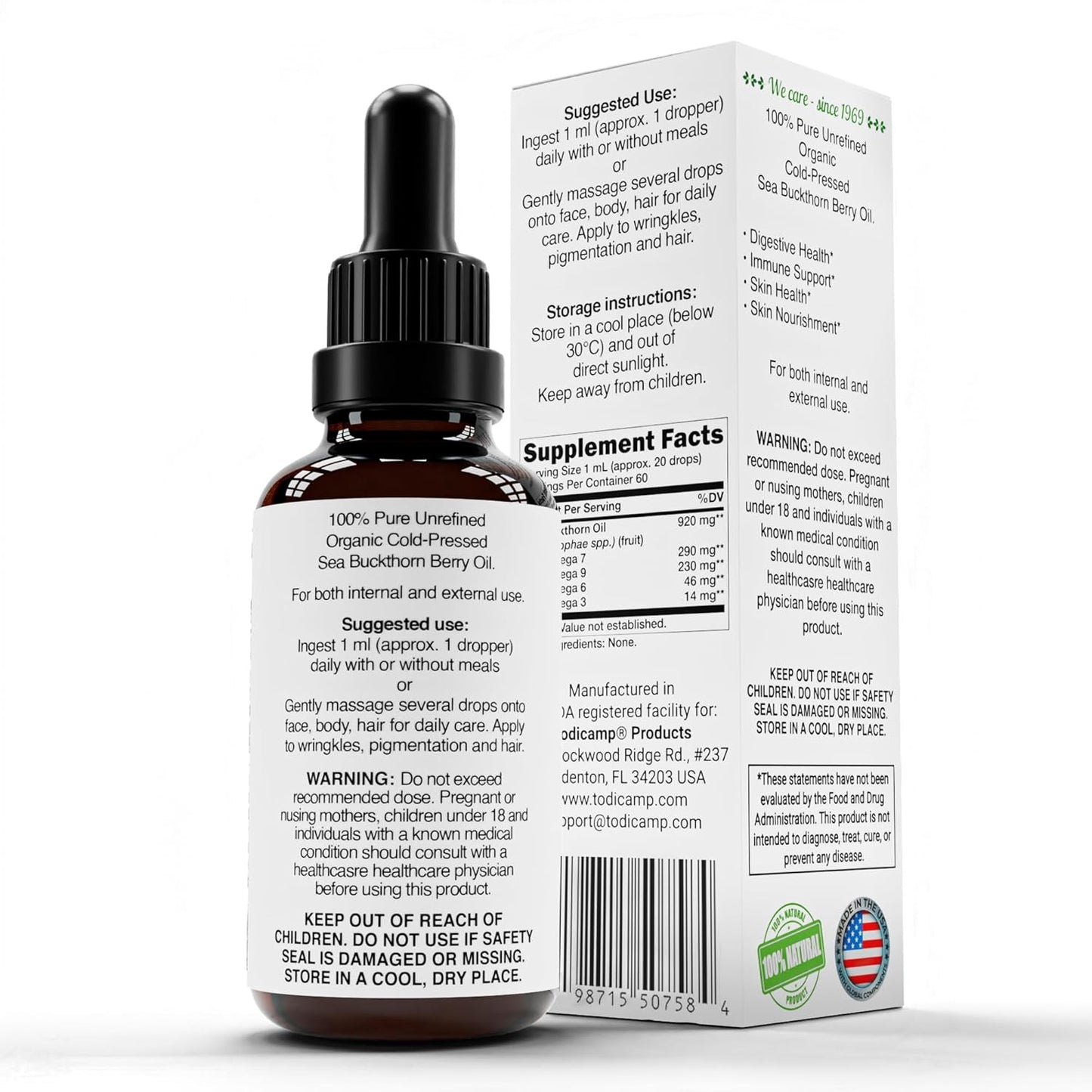 Organic Sea Buckthorn Oil - 1 fl oz Cold-Pressed Sea Buckthorn Berry Oil - Seabuckthorn for Face, Hair, Body & Supplement