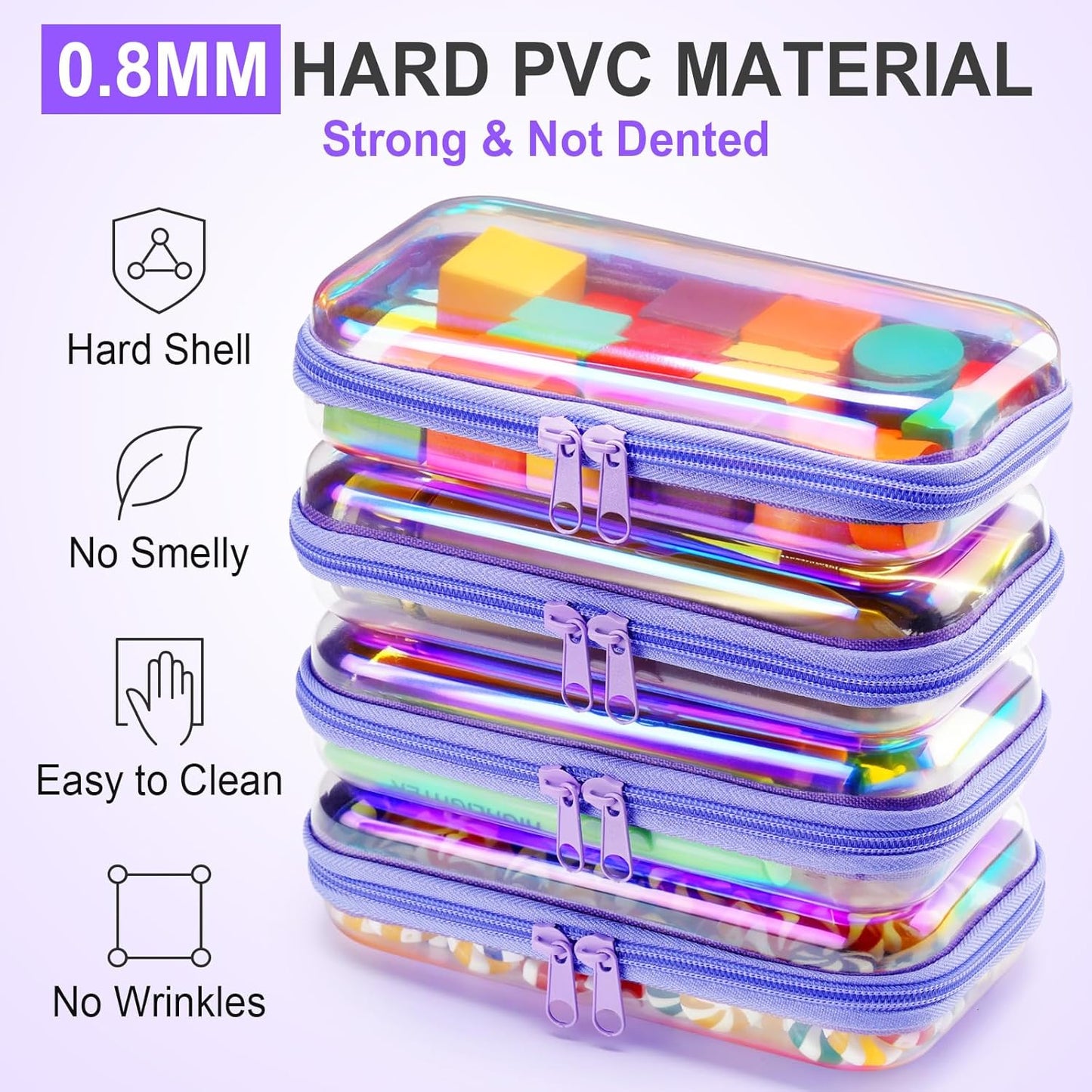 Hoolerry 4 Pcs Hard Clear Zipper Case Makeup Bags Plastic Pencil Pouch Transparent Storage Box Containers for Cosmetics, Snacks, Building Blocks, Puzzles(Purple Laser,7.5 x 3.9 x 2 in)