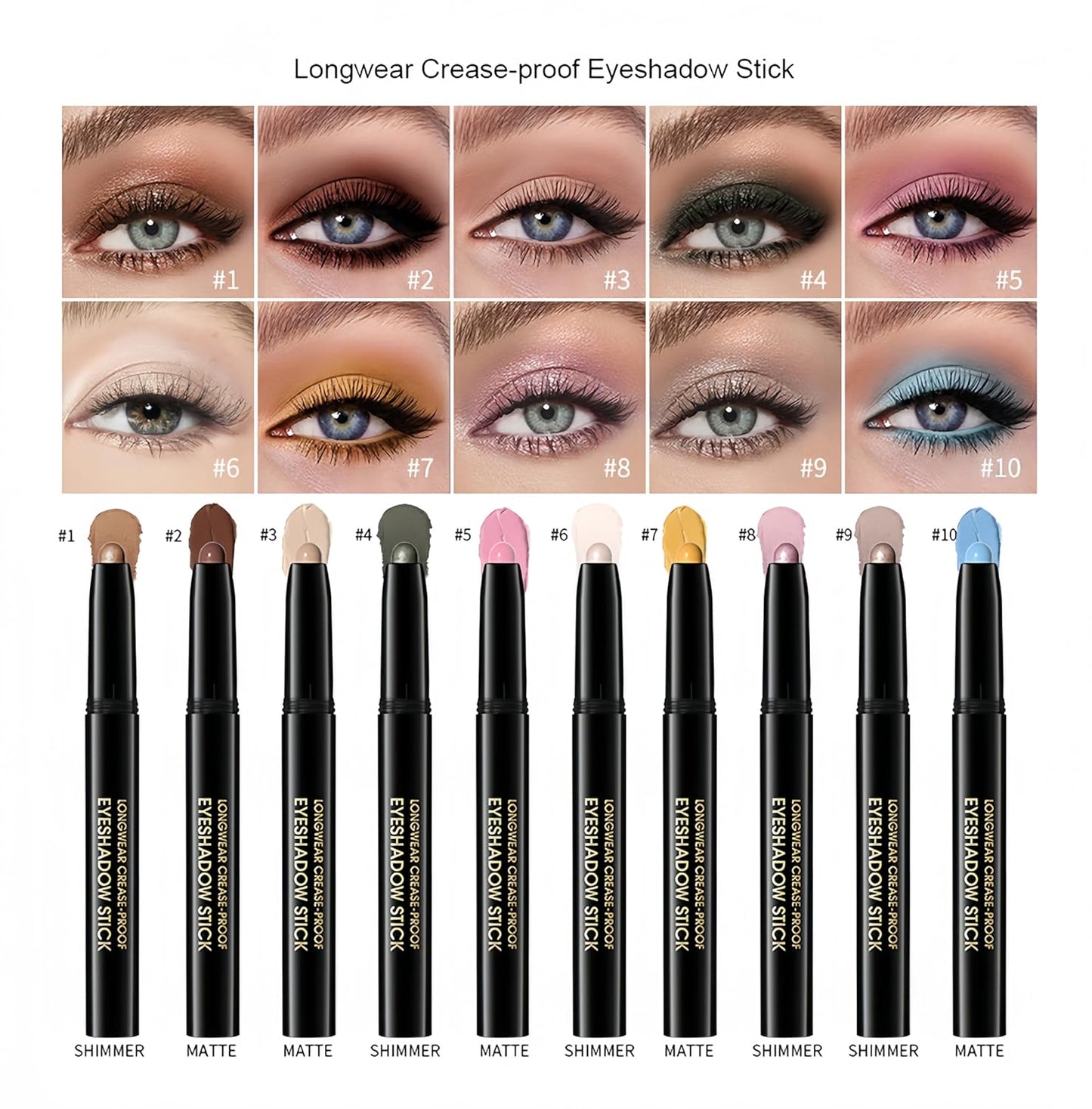 MAEPEOR 10 Colors Cream Eyeshadow Stick Silky Smooth Matte Shimmer Eyeshadow Pen Waterproof and Long Lasting Shadow Pencil for Girls and Women (Color 10)