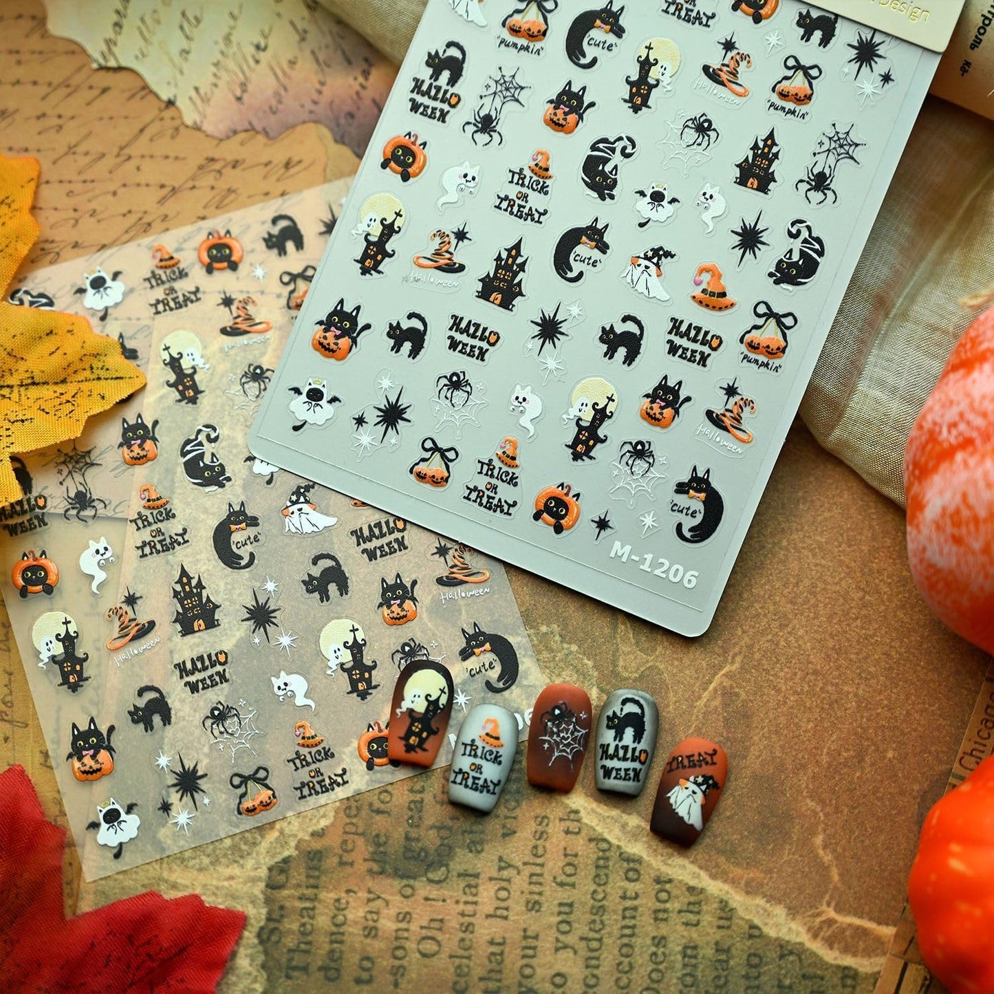 Halloween Nail Stickers for Nail Art Black Cat Pumpkin Ghost Nail Art Stickers 5D Embossed Nail Decals 3D Self-Adhesive Nails Supply Manicure Sliders for Nails Decoration