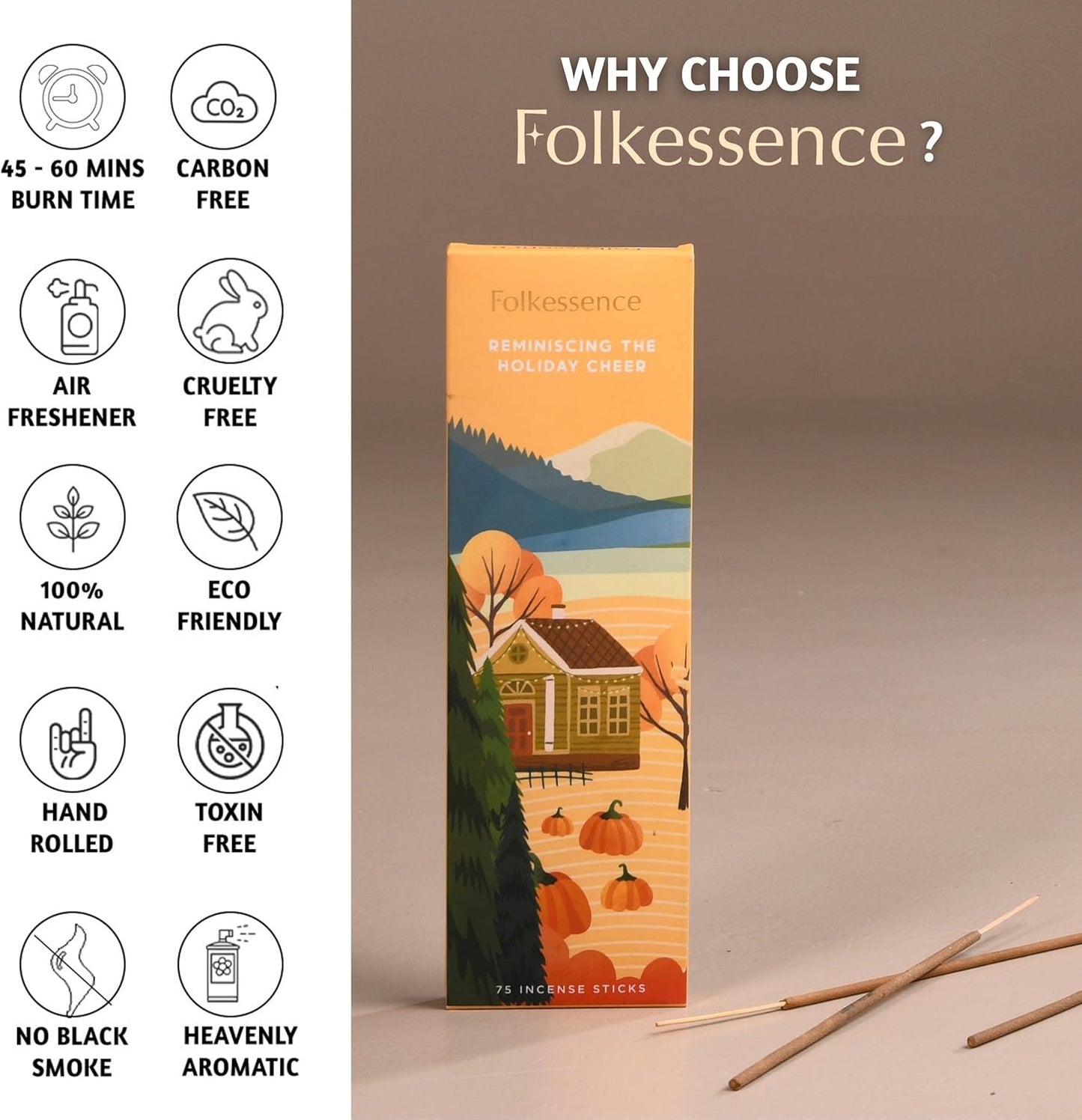 Folkulture Incense Stick | Pack of 75 Organic Fall Incense Sticks for Meditation | 45 Mins Burn Time | Pumpkin Spice Inscents Non Toxic Fall Scents for Home | Inscents-Sticks for Fall Essentials