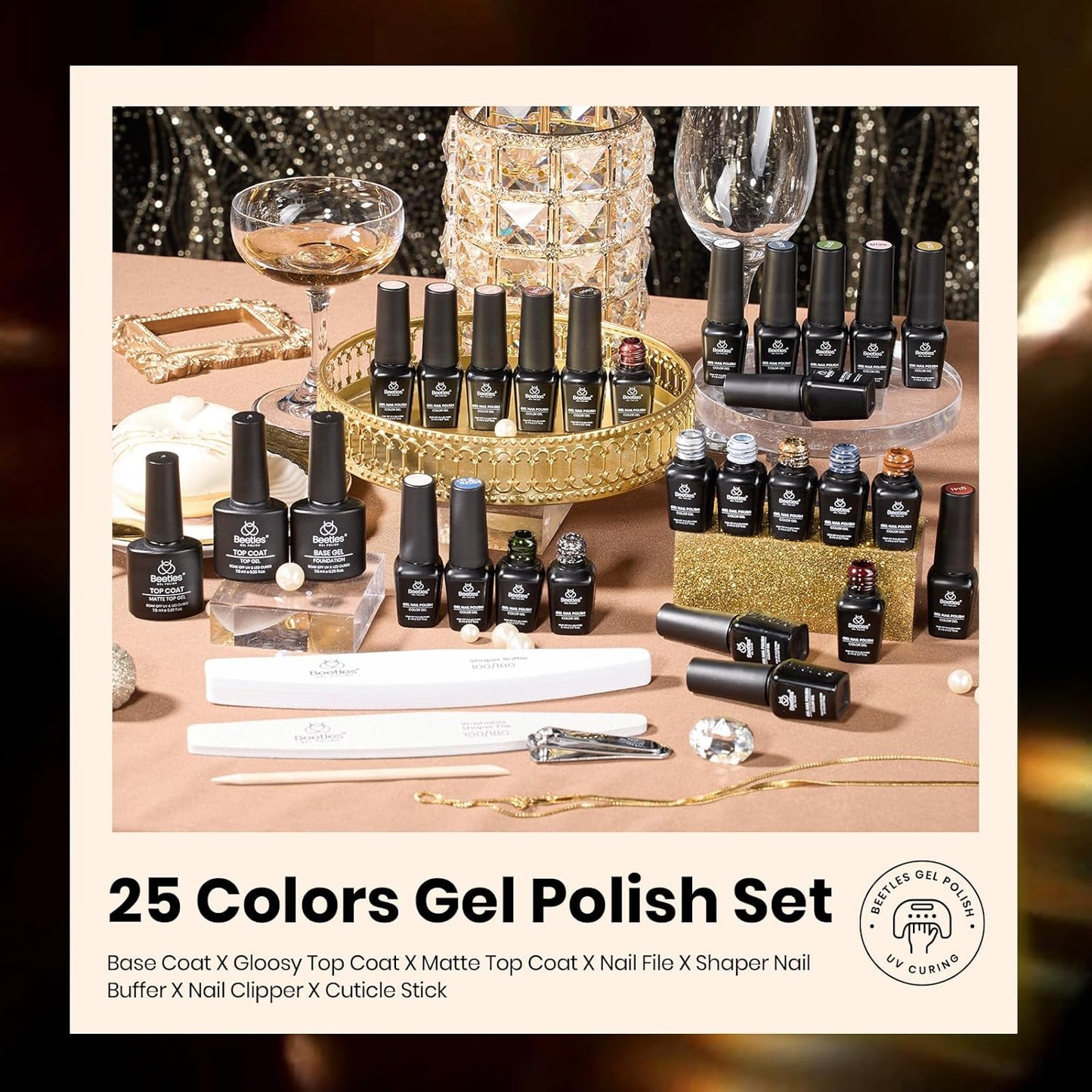 beetles Gel Polish Set - Fall Gel Nail Polish Kit 33Pcs 25 Colors Black White Burgundy Blue Nude Grey Green Glitters UV Nail Polish Set with Top Base Coat Soak off Nail Art Gift for Women Gilded Veil