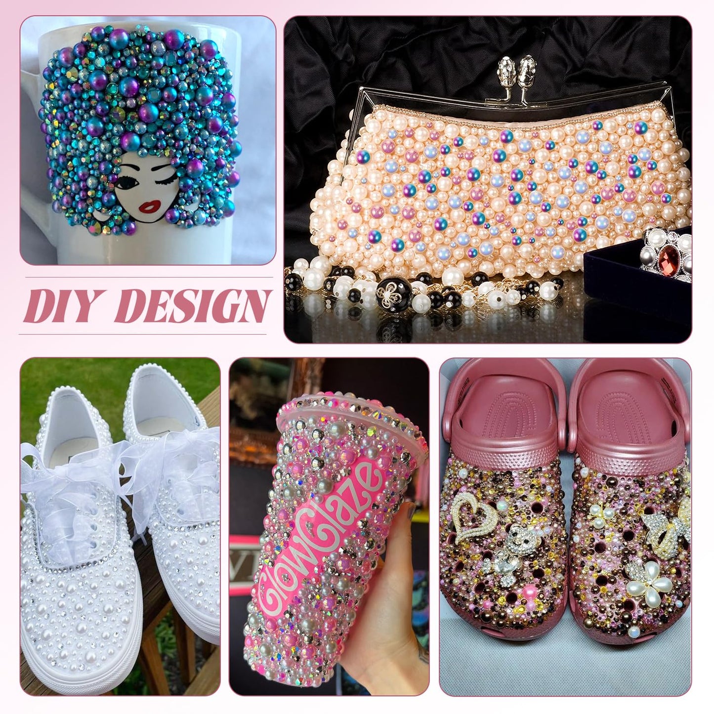 9000Pcs Flatback Pearls and Rhinestones for Crafting, Red White Black Mixed Size 3-8mm Resin Rhinestones and Half Pearls for Bedazzling, Nail Art with Tweezers and Pickup Pencil