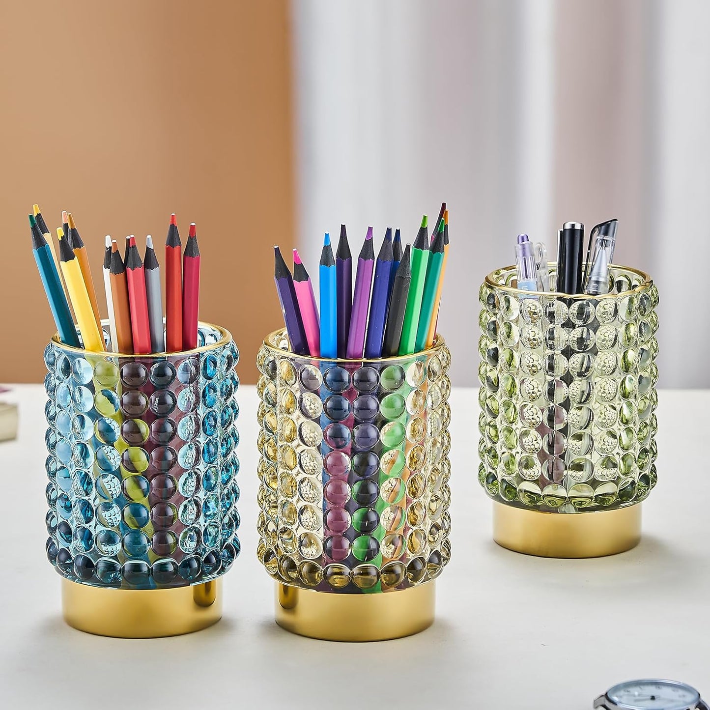 Makeup Brush Holder Organizer,Toothbrush Holders,Desk Pen Pencil Holder,Multifunctional Vintage Glass Brush Cup(A38-7-US/Blue/L)