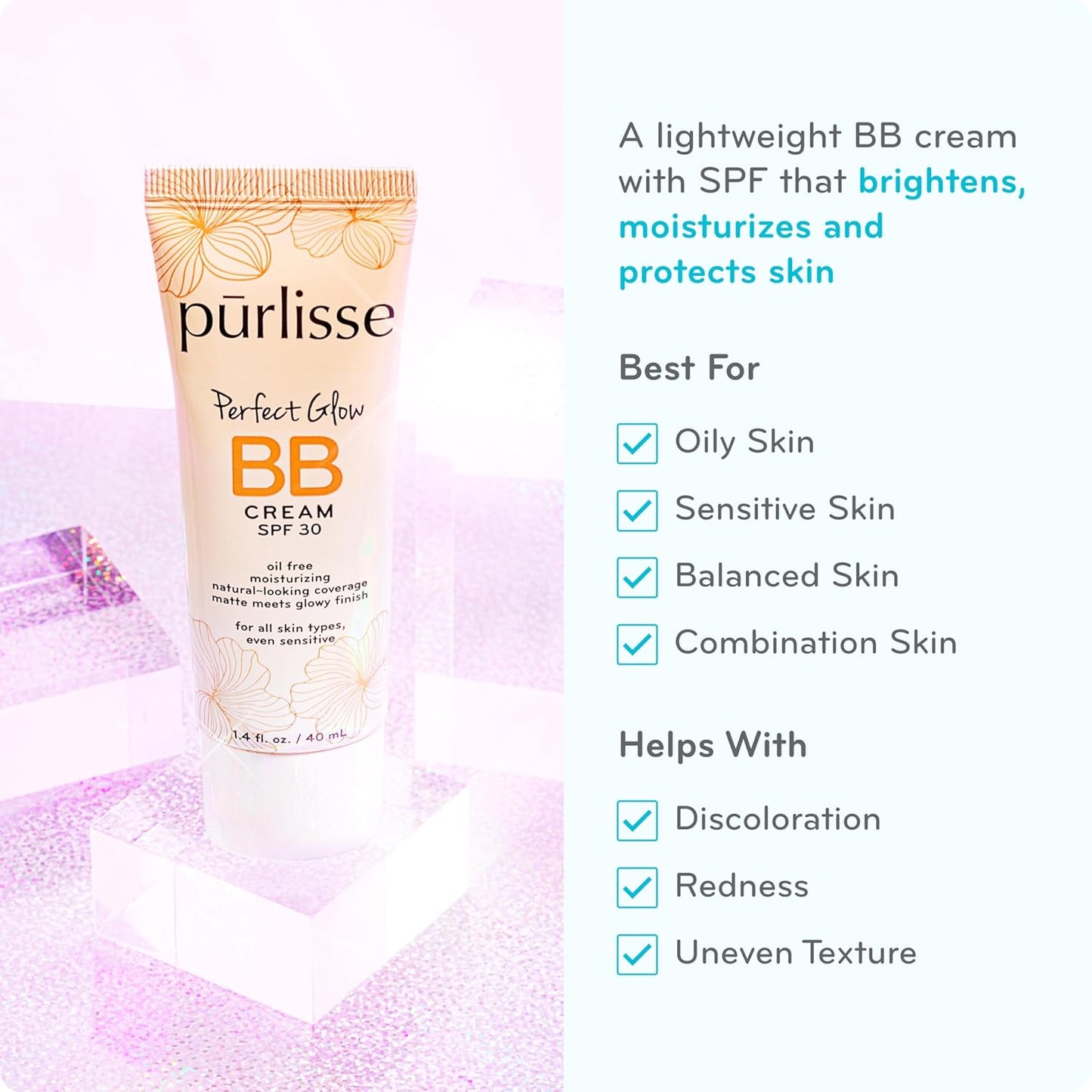 pūrlisse Perfect Glow BB Cream with SPF 30 - Matte Meets Dewy Finish - Enriched with Goji & Hawthorn Berry to Help Improve Skin Texture & Radiance - Fair (1.4 oz)