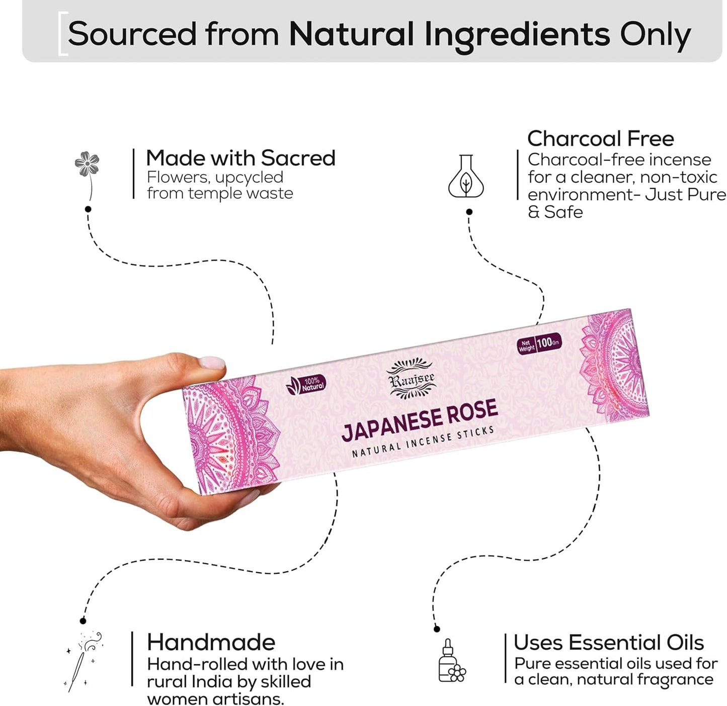 Raajsee Japanese Rose Incense Sticks (180 gm), 100% Pure Organic Natural Hand Rolled Free from Chemicals- Perfect for Aromatherapy, Cleansing, Meditation, and Church (Pack of 12)