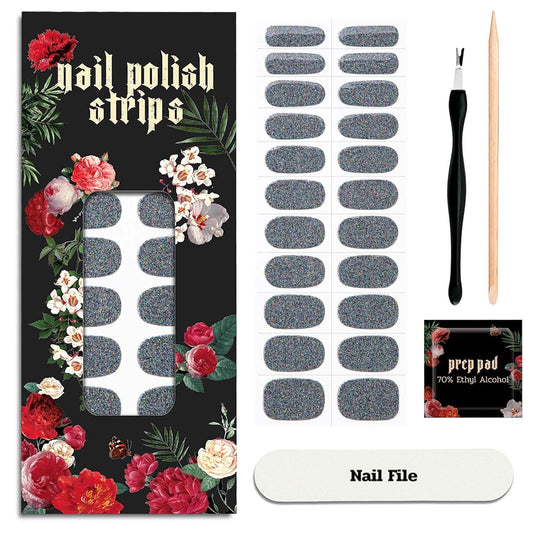 Nail Polish Strips - 22 Pcs Salon Quality Gel Nail Stickers - Long Lasting Wraps (Mystery Black Glitter)