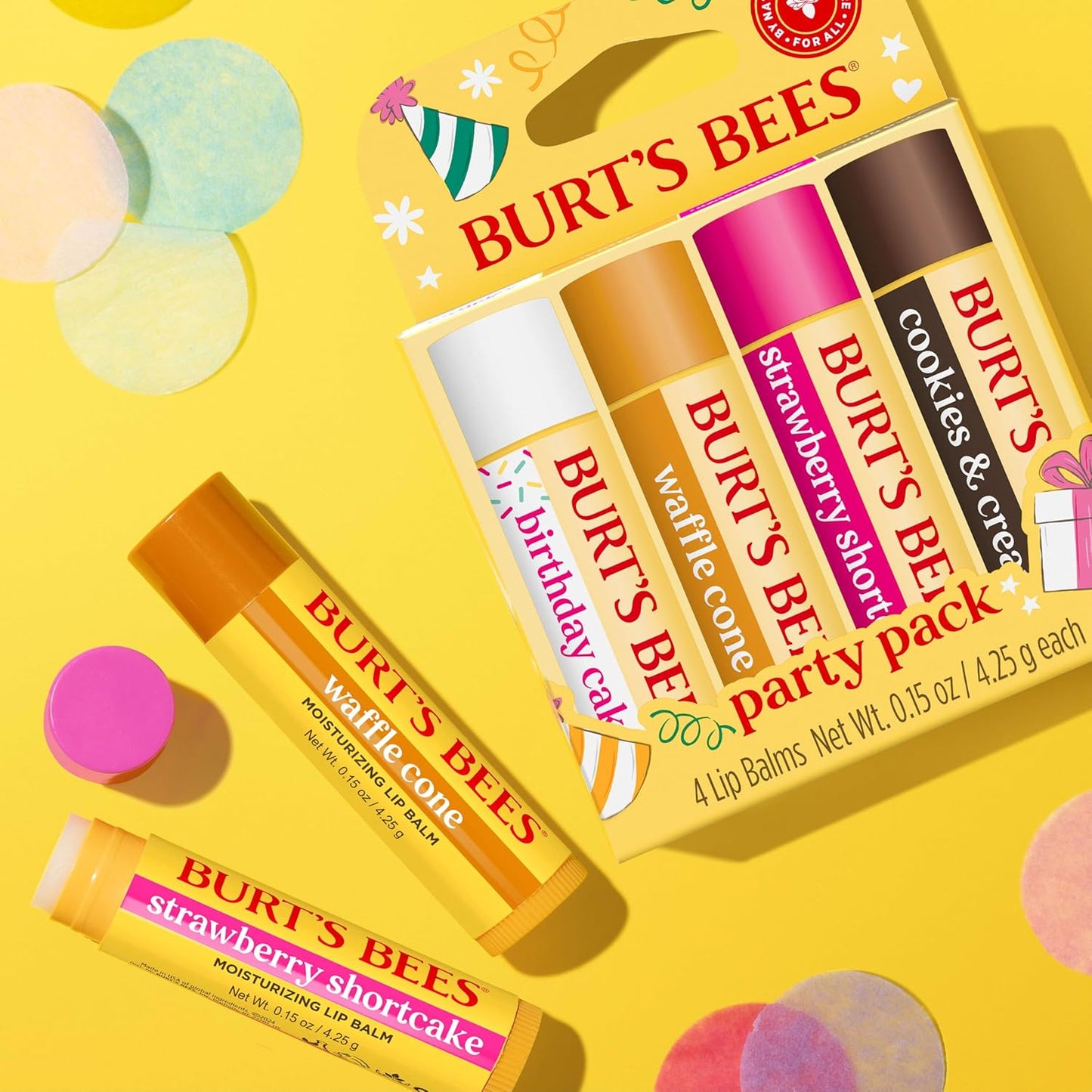 Burt's Bees Lip Balm Party Pack - Birthday Cake, Waffle Cone, Strawberry Shortcake, and Cookies & Cream, All Day Moisturizer, Tint-Free, Natural Origin Conditioning Lip Treatment, 4 Tubes, 0.15 oz.
