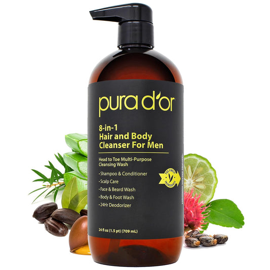 PURA D'OR 24 Oz 8-in-1 Hair & Body Cleanser For Men – Sulfate-Free, Multi-Use Wash for Hair, Face, Beard & Body, with Organic Aloe Vera, Cedarwood & Lemongrass, Energizing & Deodorizing Formula