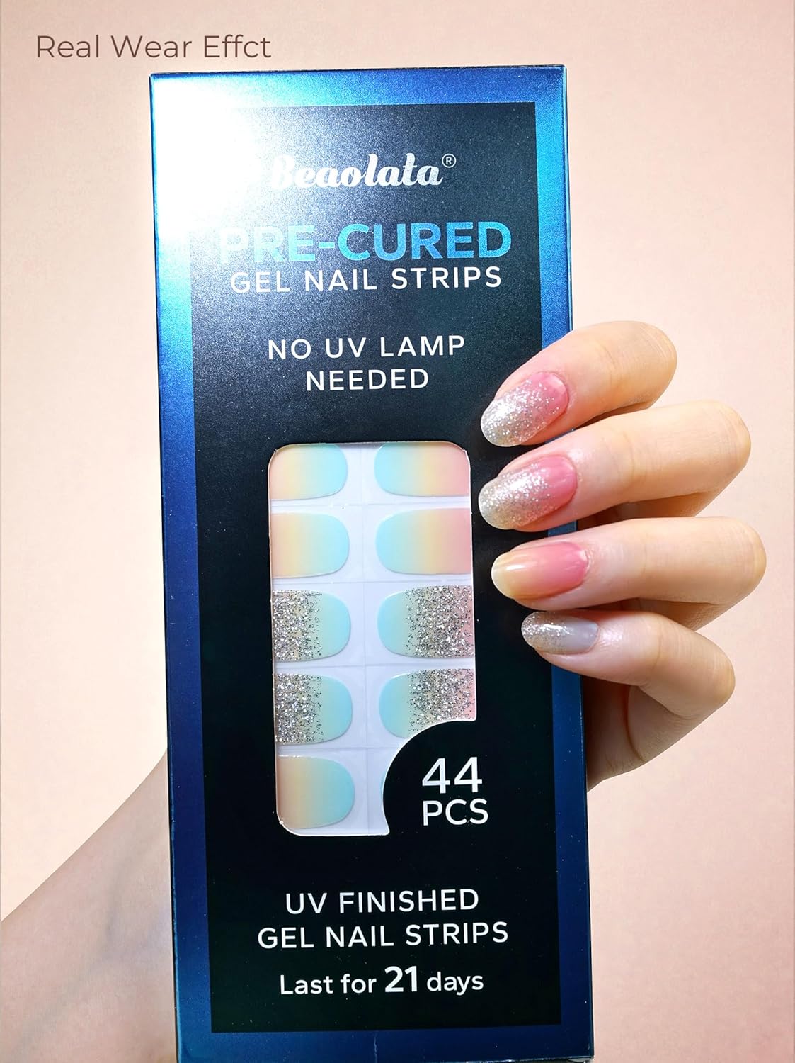 Pre Cured Gel Nail Strips - 44PCS Salon Quality Gel Nail Stickers - Long Lasting Polish Wraps for Women no UV Light Needed Easy Apply& Remove (Rainbow Pink Glow）