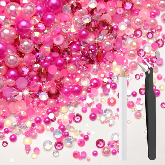 80g Mix Flatback Pearls and Rhinestones for Crafts Pink Mixed Size 2mm-10mm Half Round Pearls Rhinestones for Nail Art Tumblers Shoes DIY Bedazzling with Tweezers Wax Pen
