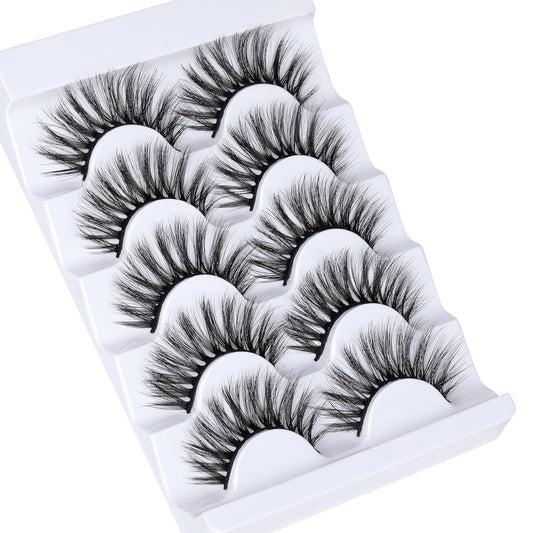 JIMIRE False Eyelashes Wispy Fluffy Round Eye Lashes 17mm Faux Mink Lashes 5D Mink Eyelashes 5 Pairs Pack