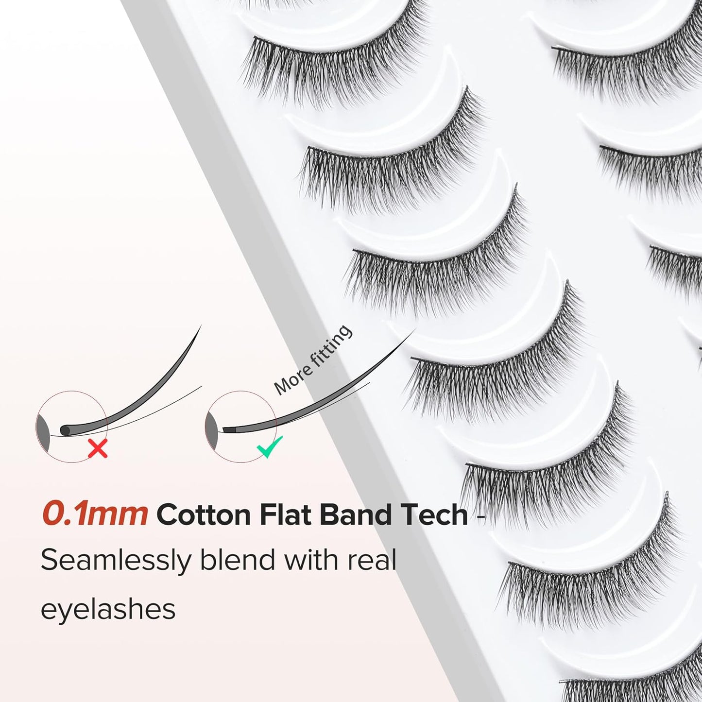 Natural Lashes 7MM Extra Short Eyelashes Natural Cat Eye Lashes 10 Pair False Eyelashes Wispy Eye Lashes Pack C Curl Strip Lashes 3D Volume Short Lashes Siligli Eyelashes