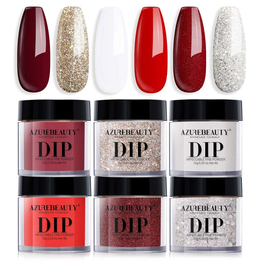 AZUREBEAUTY Dip Powder Nail Set, Red Burgundy Rose Berry Sparkle Milky Snow White Silver Glitter, 6 Colors Dipping Powder Starter Kit French Nail Art Manicure DIY Salon, No Need Nail Lamp Cured