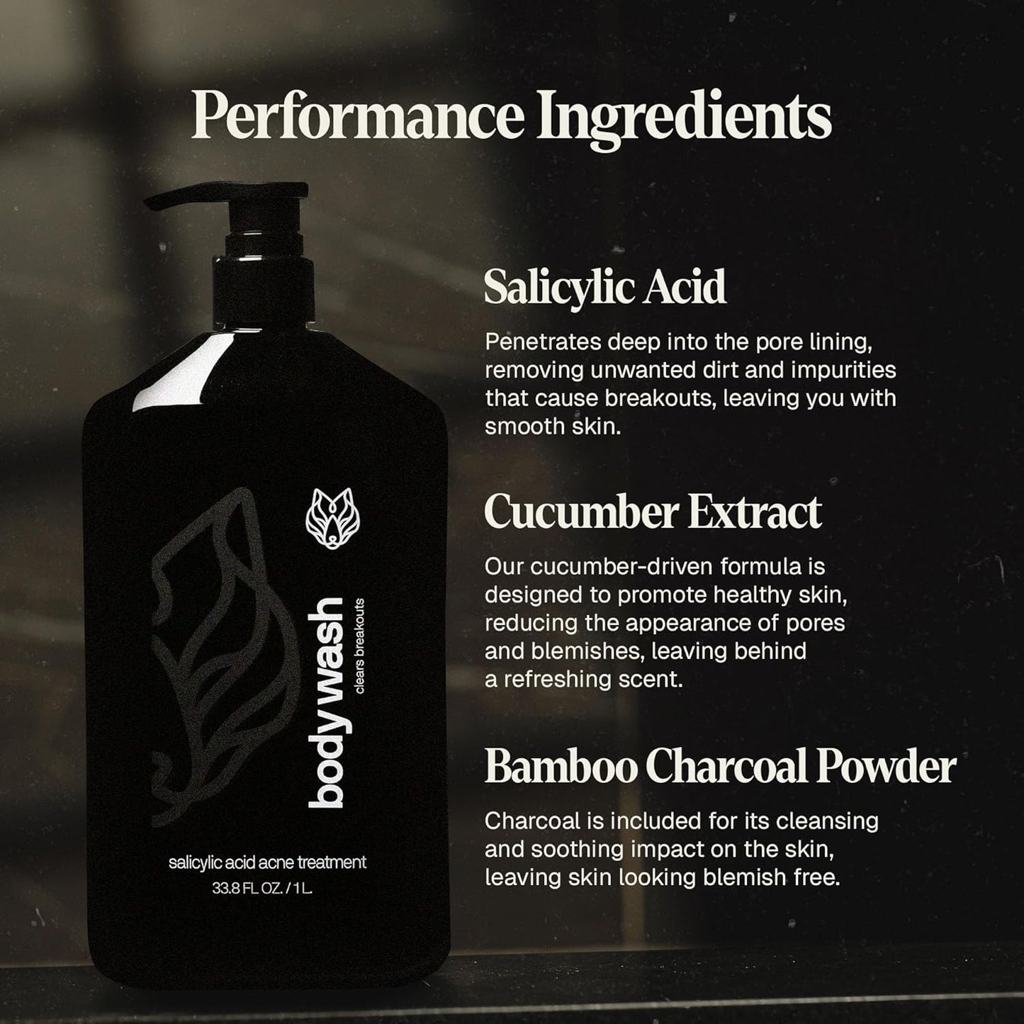 Black Wolf Salicylic Acid Body Wash for Men, 1 Liter - Men's Acne Body Wash - Charcoal Helps Reduce Acne Breakouts & Cleanse Your Skin - Full Coverage & Deep Clean Treatment - Men's Bodywash