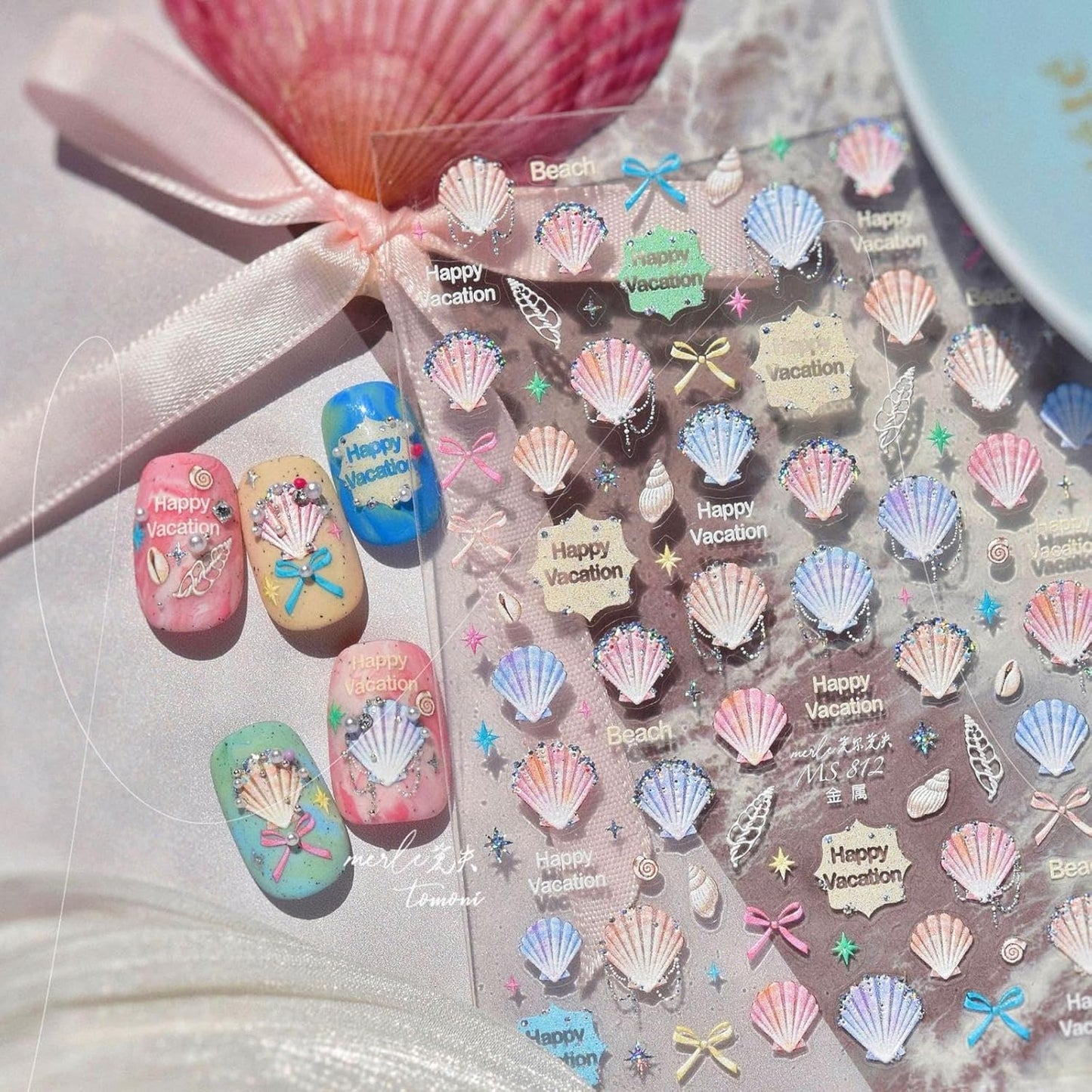 2 Sheets Summer Nail Stickers Colorful 3D Self-Adhesive Beach Conch Nail Decals 5D Embossed Ocean Nail Art Stickers Aurora Pearl Seashell Sticker Manicure Nails Accessories for Women DIY