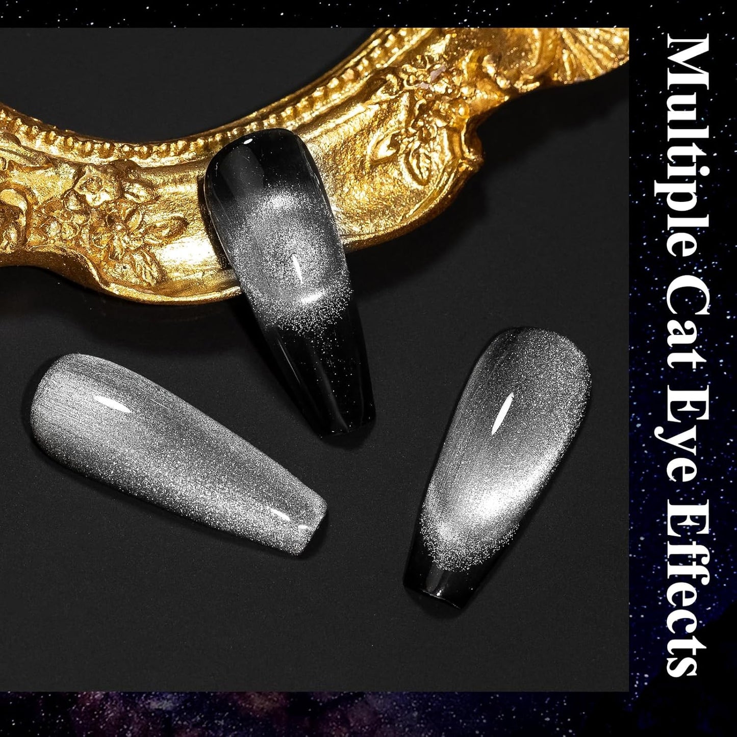 MIZHSE 9D Cat Eye Gel Nail Polish, Silver Magnetic Gel Polish with Magnet Stick, Magic Shimmer Galaxy Effect Holographic Glitter Silky Cat Eye Nail Polish Soak Off Nail Art Salon Manicure DIY at Home