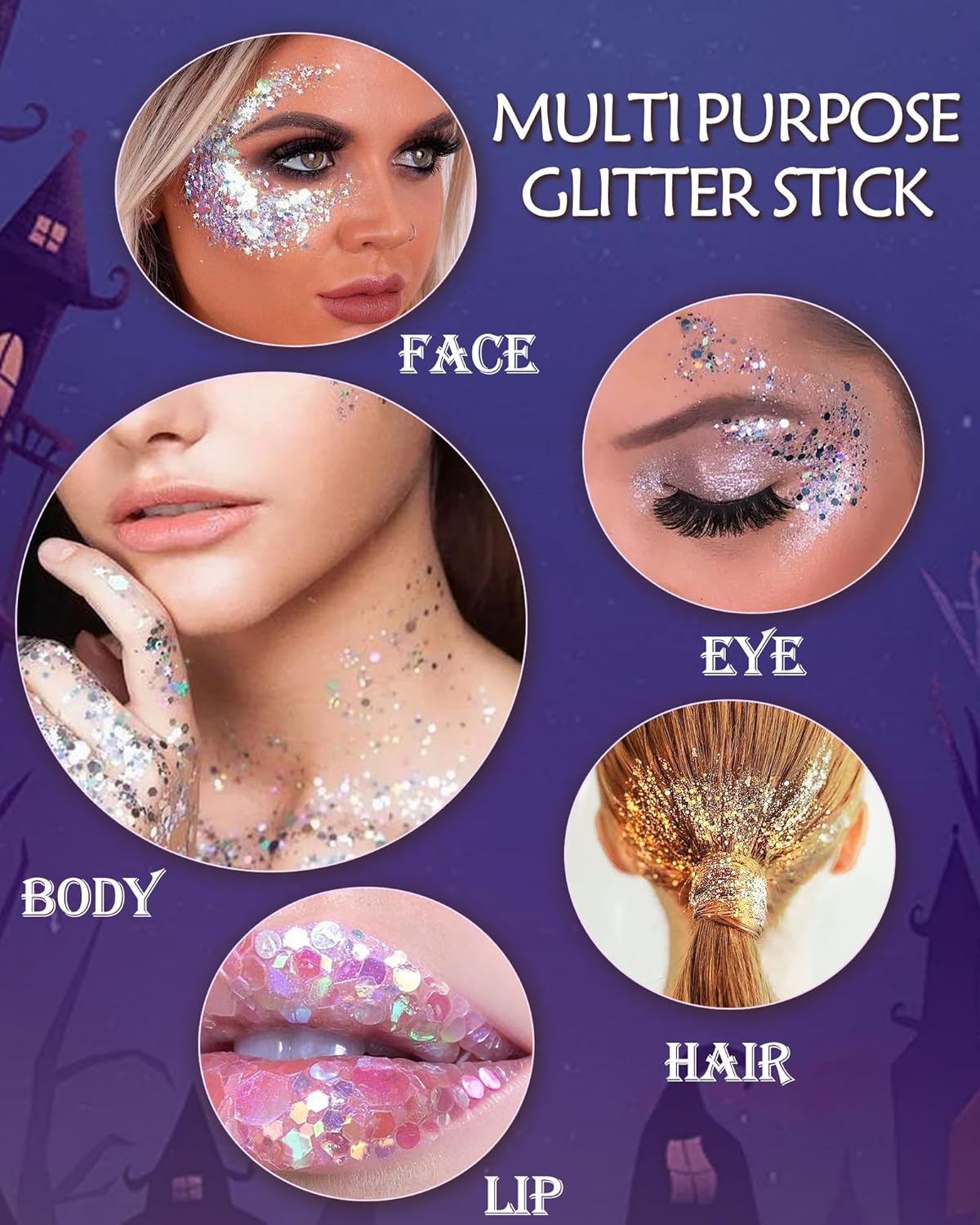 Body Glitter Stick, Waterproof Long Lasting Sparkling Face Shimmer Makeup, Singer Concerts Disco Music Halloween Festival Rave Accessories, Holographic Chunky Sequins Hair Stick,Gift for Women girl-03