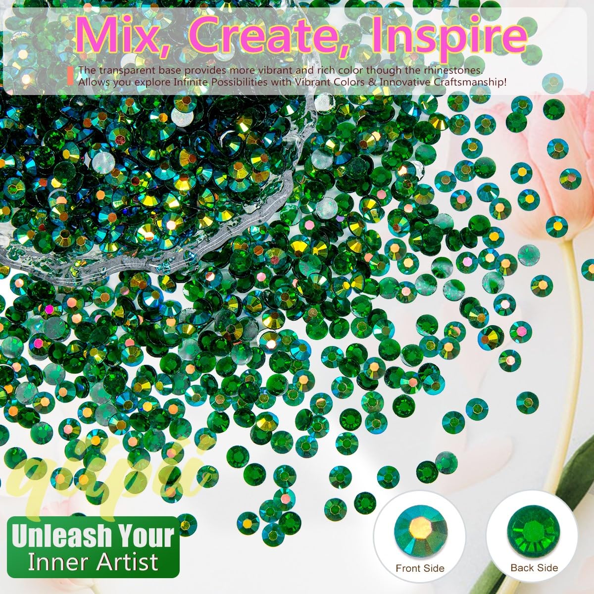 Transparent Clear Emerald Green AB Resin Rhinestones for Crafting 3mm 4mm 5mm Flatback Jelly Stones Peacok Diamonds Crystals Gems Charms for Nails Face Eyes Makeup Tumblers Bottles DIY Crafts