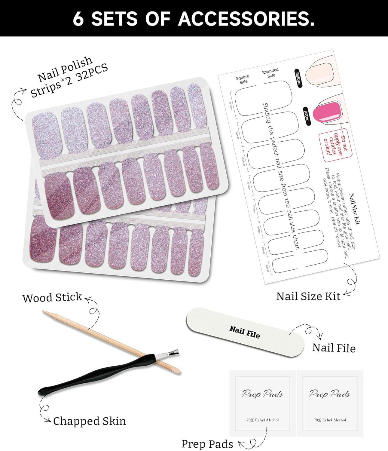 Glitter Nail Polish Strips, 32 Pcs Salon Quality Gel Nail Stickers, Long Lasting Wraps Easy to Use & Remove (Glitter Purple Grape)