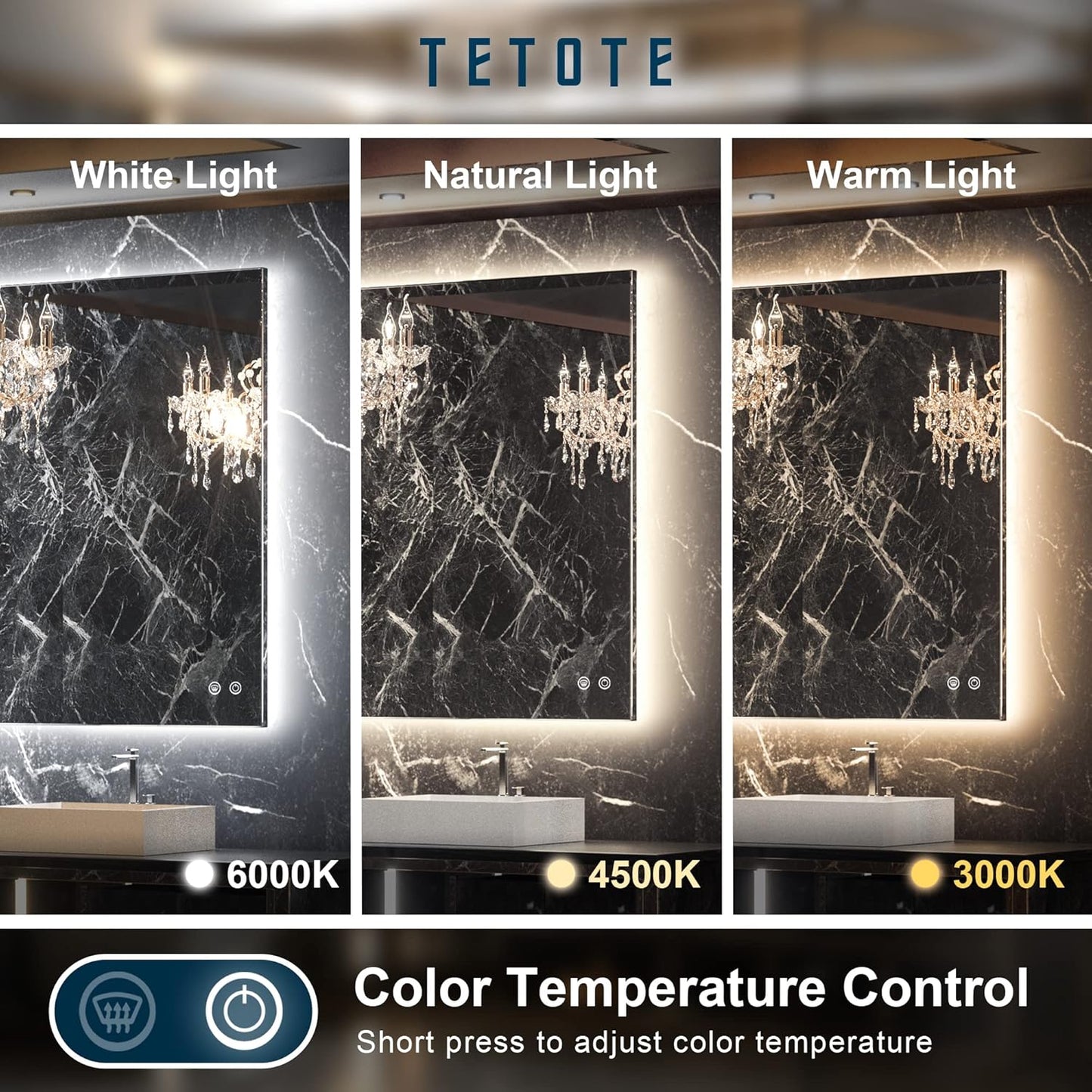 TETOTE 36 x 28 LED Backlit Bathroom Vanity Mirror with Light,3Color White/Warm/Natural,Anti-Fog Lighted Mirror,Dimmable,Wall Mounted