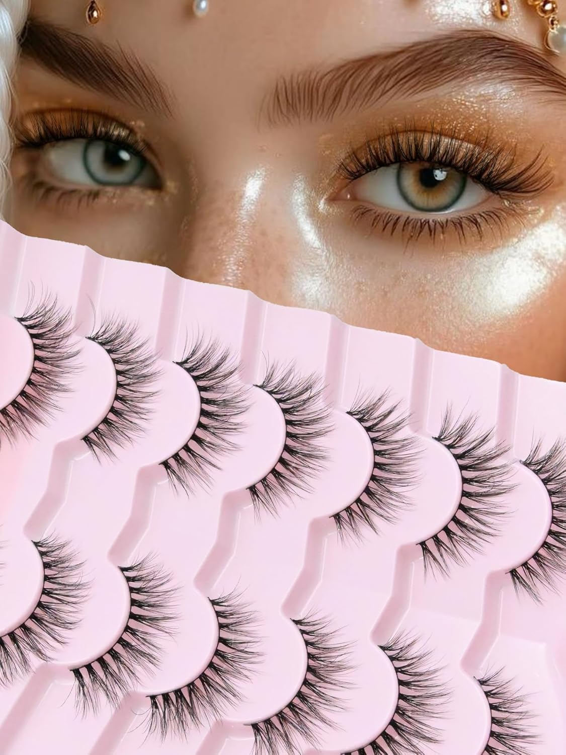 Natural Lashes Cateye False Eyelashes Wispy 12mm Cat Eyelashes Short Lash Pack for Small Eyes Eyelash with 0.1MM Thin Cotton Band 3D Volume Fake Eyelashes Siligli Soft Strip Lashes 7 Pairs