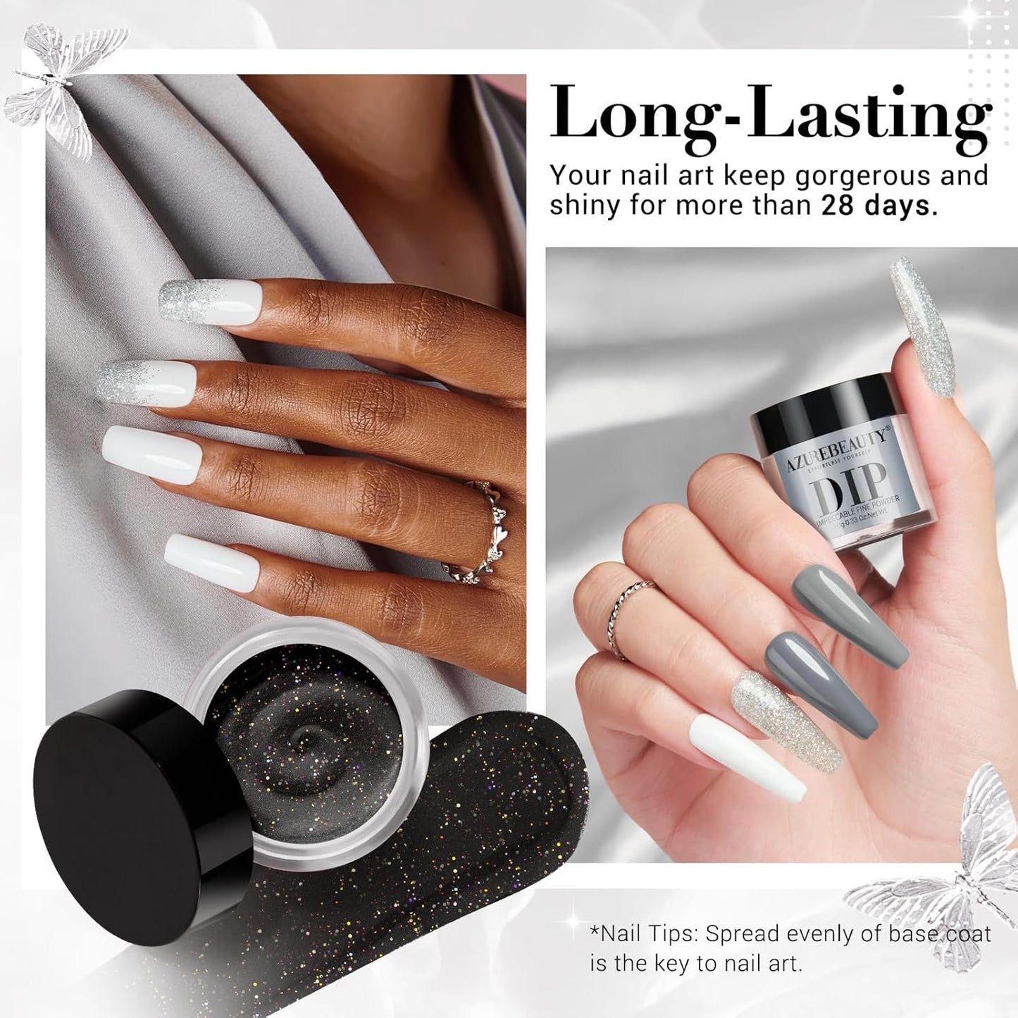 AZUREBEAUTY Dip Powder Nail Basic Set White Black Silver Grey Pure Sparkle 6 Colors All Seasons Dipping Powder Starter Kit French Nail Art Manicure DIY Salon for Women, No Need Nail Lamp Cured