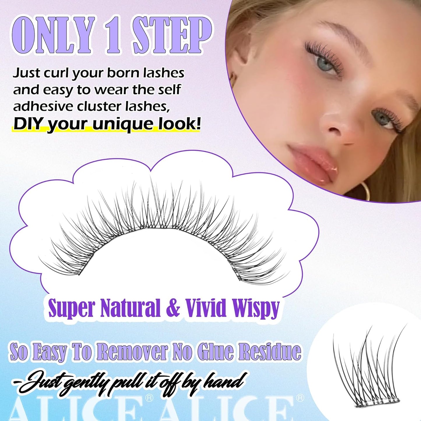 ALICE Self Adhesive Eyelashes Natural Self Adhesive Lash Clusters No Glue Needed Wispy Reusable Press on Lashes Pre-Glue 10-12mm 120pcs DIY Eyelash Extensions