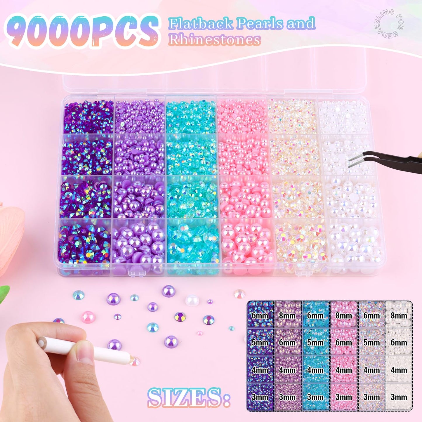 9000Pcs Flatback Pearls and Rhinestones for Crafting, Pink Purple White Mixed Size 3-8mm Resin Rhinestones and Half Pearls for Bedazzling, Nail Art and Decoration with 3pcs B7000 Jewelry Glue