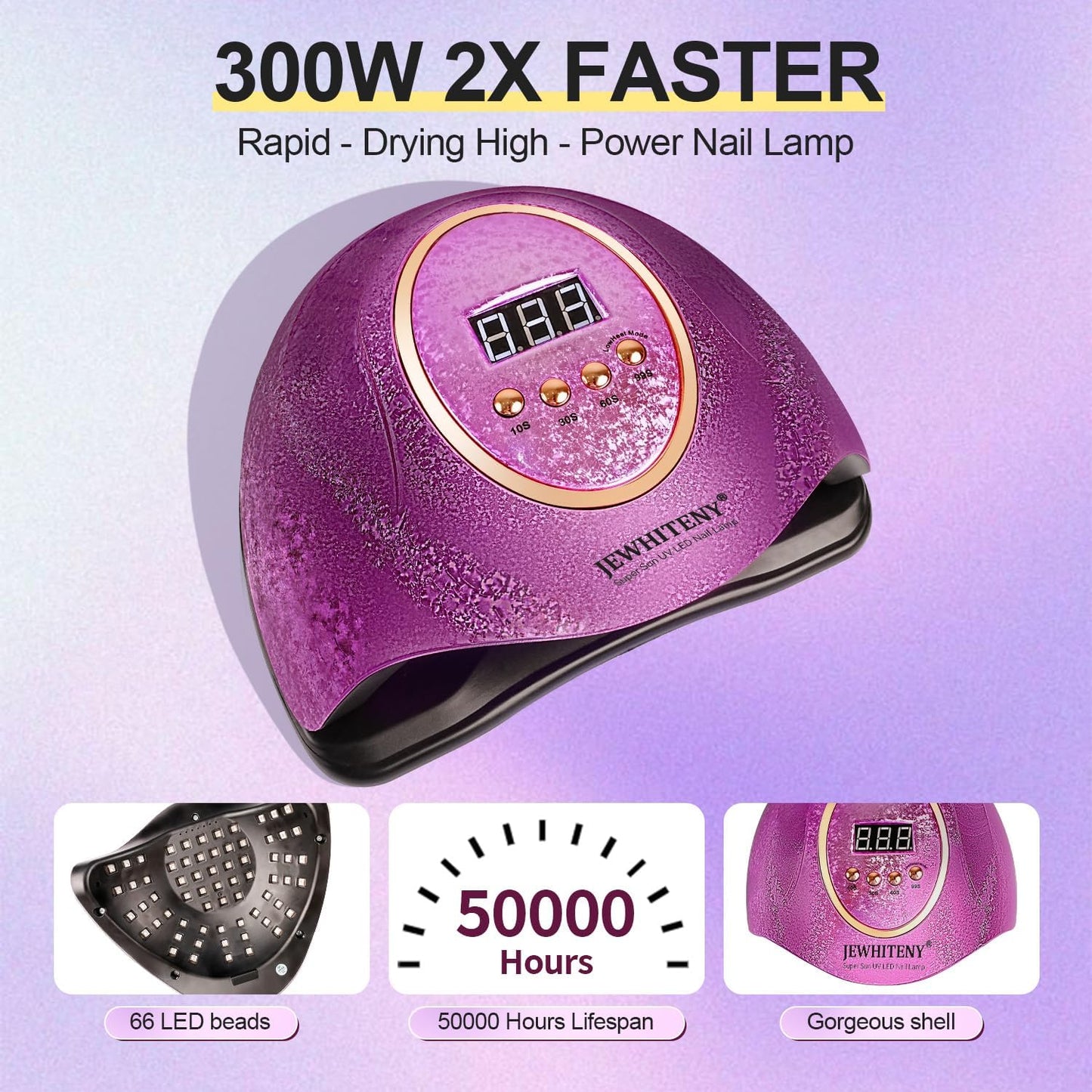 JEWHITENY Pink U V Gel Nail Lamp:LED Nails Curing Lamp with Automatic Sensor & 4 Timers Nail Light with 66 Lamp Beads