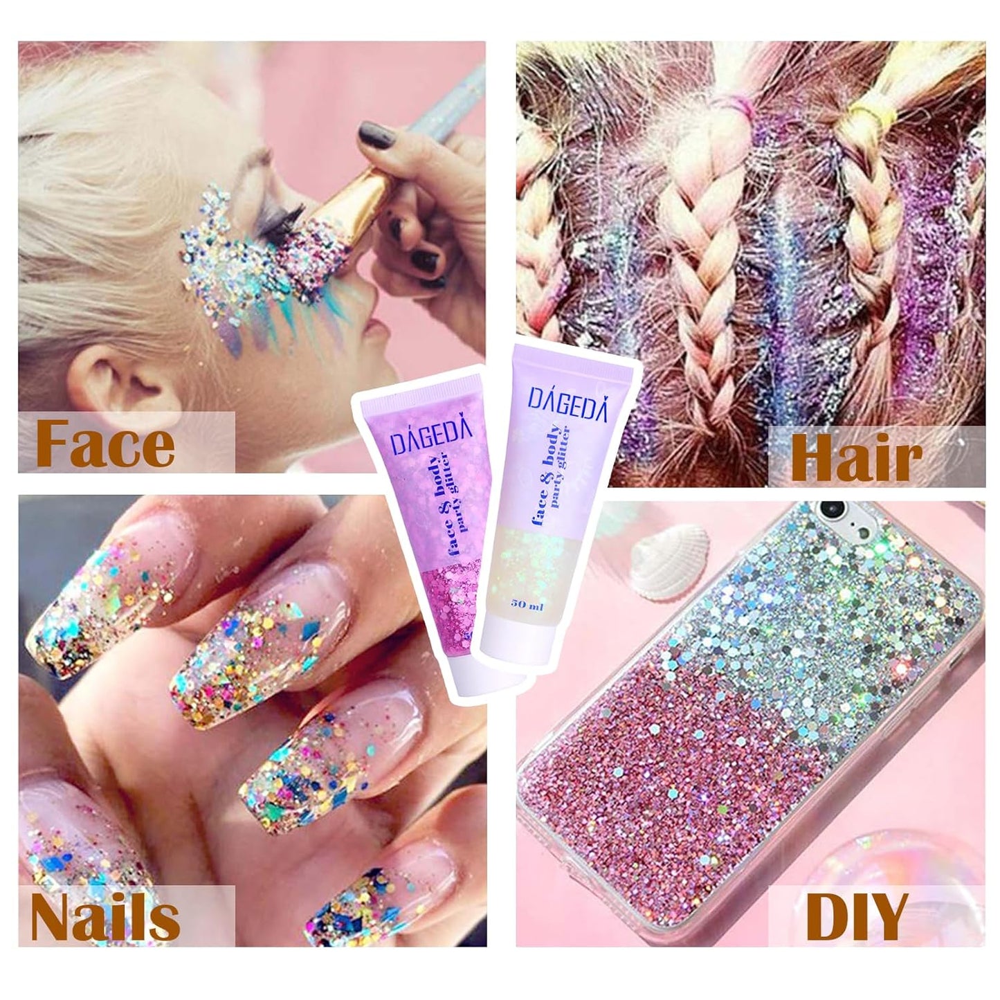 DAGEDA Body Glitter Gel, Face Glitters Body Gel Sequins Shimmer Liquid Eyeshadow, Chunky Glitter for Face Hair Nails, Holographic Cosmetic Laser Powder Festival Glitter Makeup 50ml(Fuchsia)