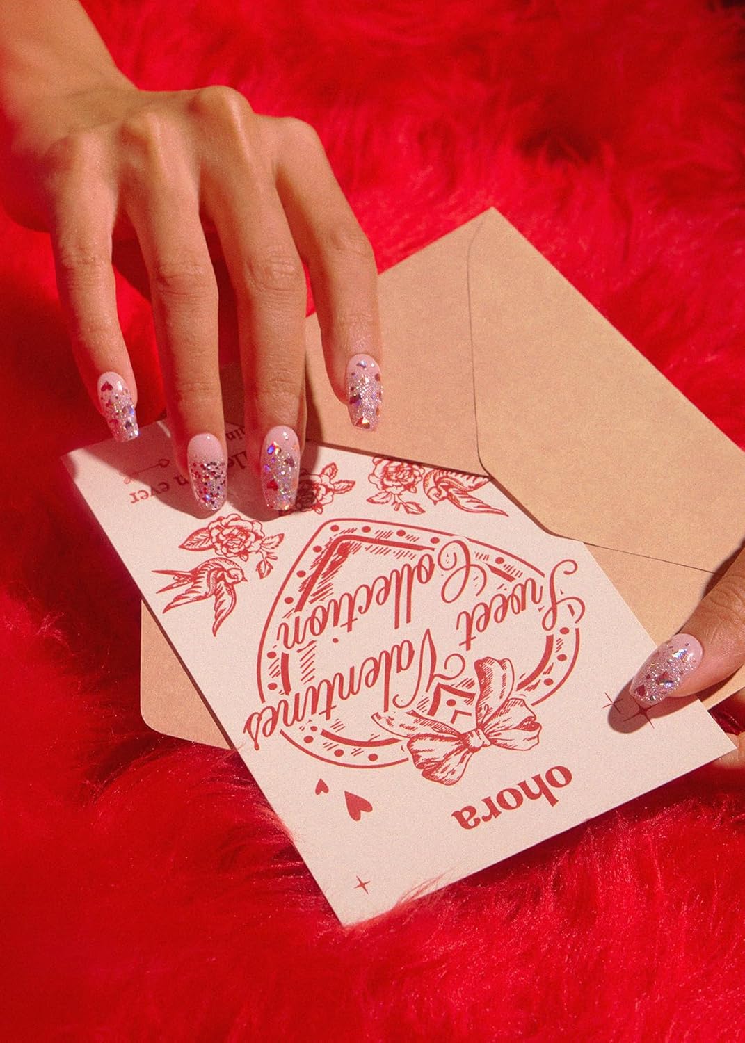 ohora Semi Cured Gel Nail Strips (N Love Bomb) - Pink, Glitter, Works with Any UV/LED Lamps, Salon-Quality, Long Lasting, Easy to Apply & Remove - Includes 2 Prep Pads, Nail File & Wooden Stick