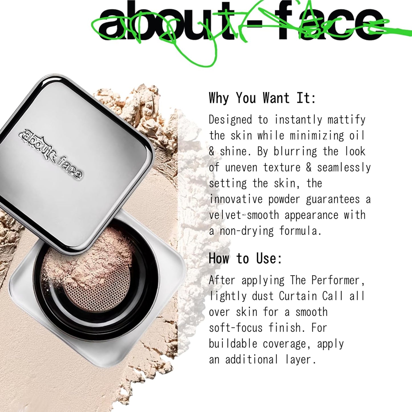 about-face Curtain Call Set & Smooth Loose Powder Bow – Lightweight, Oil-Absorbing Setting Powder with Rice Starch & Corn-Based Talc Alternative – Vegan, Cruelty-Free, – 0.35oz (Translucent)