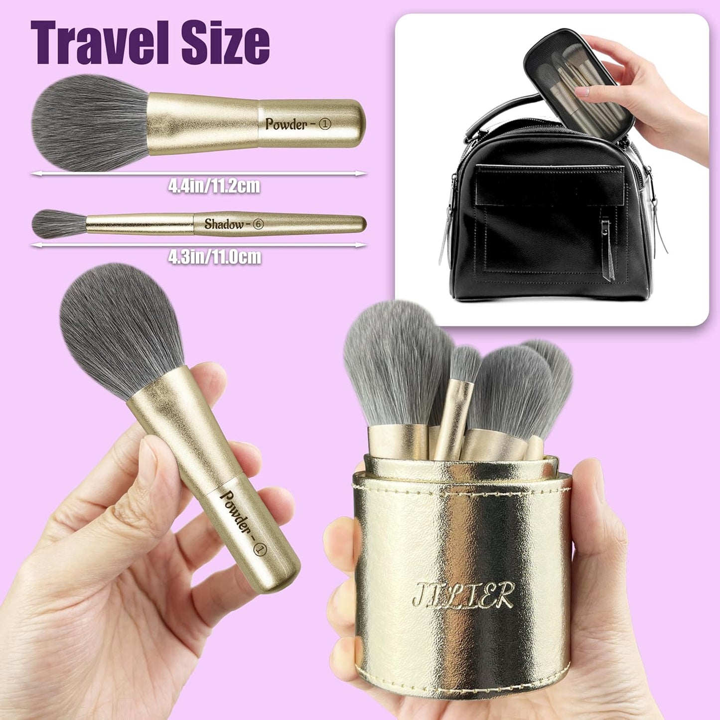 Jilier 14 pcs Mini Makeup Brushes and Pocket Mirror, Travel Makeup Brush Set, LED Compact Mirror with Light, Travel Size with Case, Portable for Handbag, Travel Essentials for Women