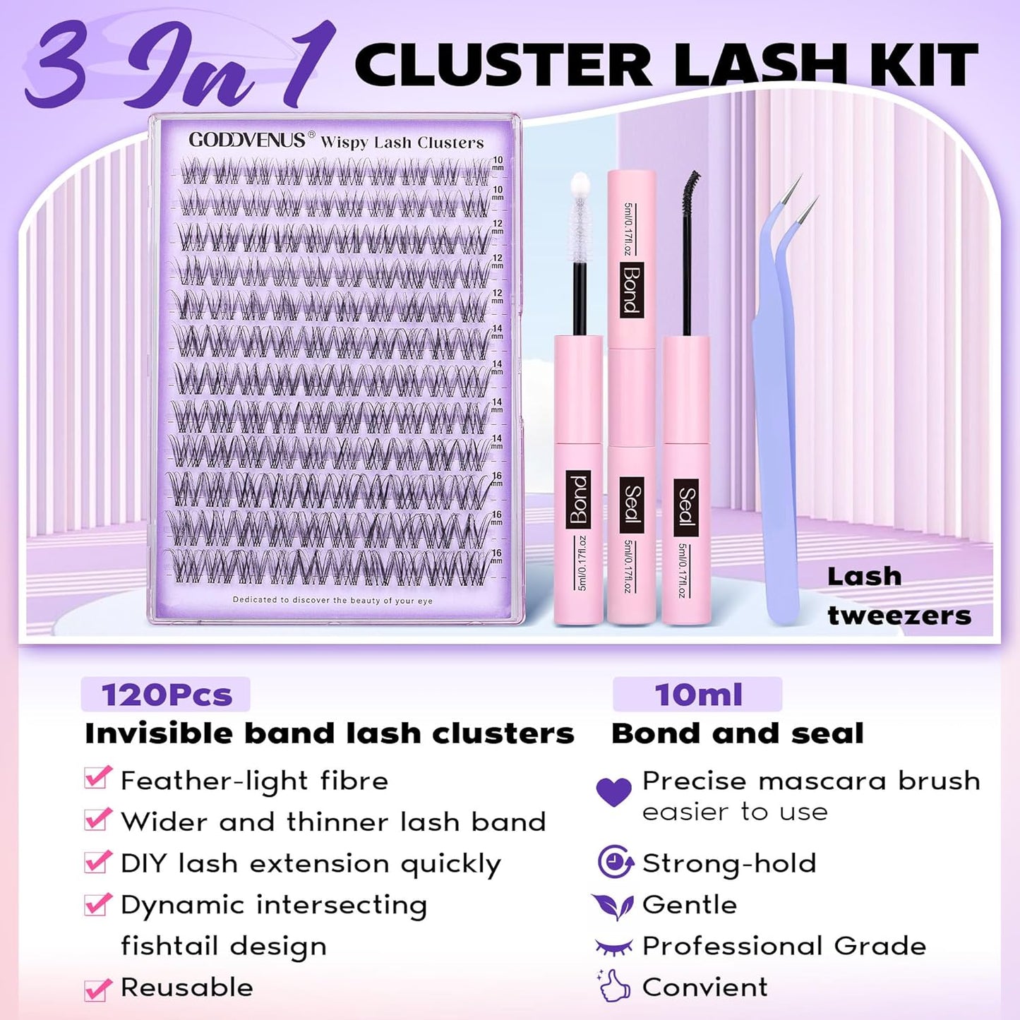 Invisible Band Lash Clusters Kit Wispy Natural Cluster Eyelash Extension Kit DIY Lash Extension Kit C Curl 10-16MM Eyelash Clusters Volume Individual Lashes Kit by Goddvenus