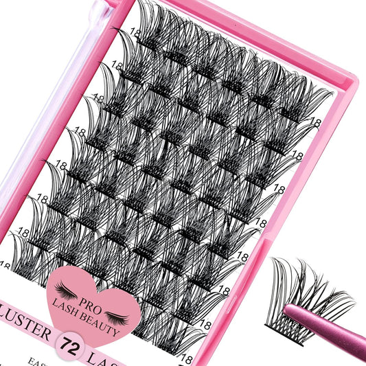 Lash Clusters, 72 Pcs Individual Cluster Lashes DIY Lash Extension 18mm Eyelash Clusters Volume Wispy Lashes Super Thin Band Reusable Soft & Comfortable (Volume, D-18mm)