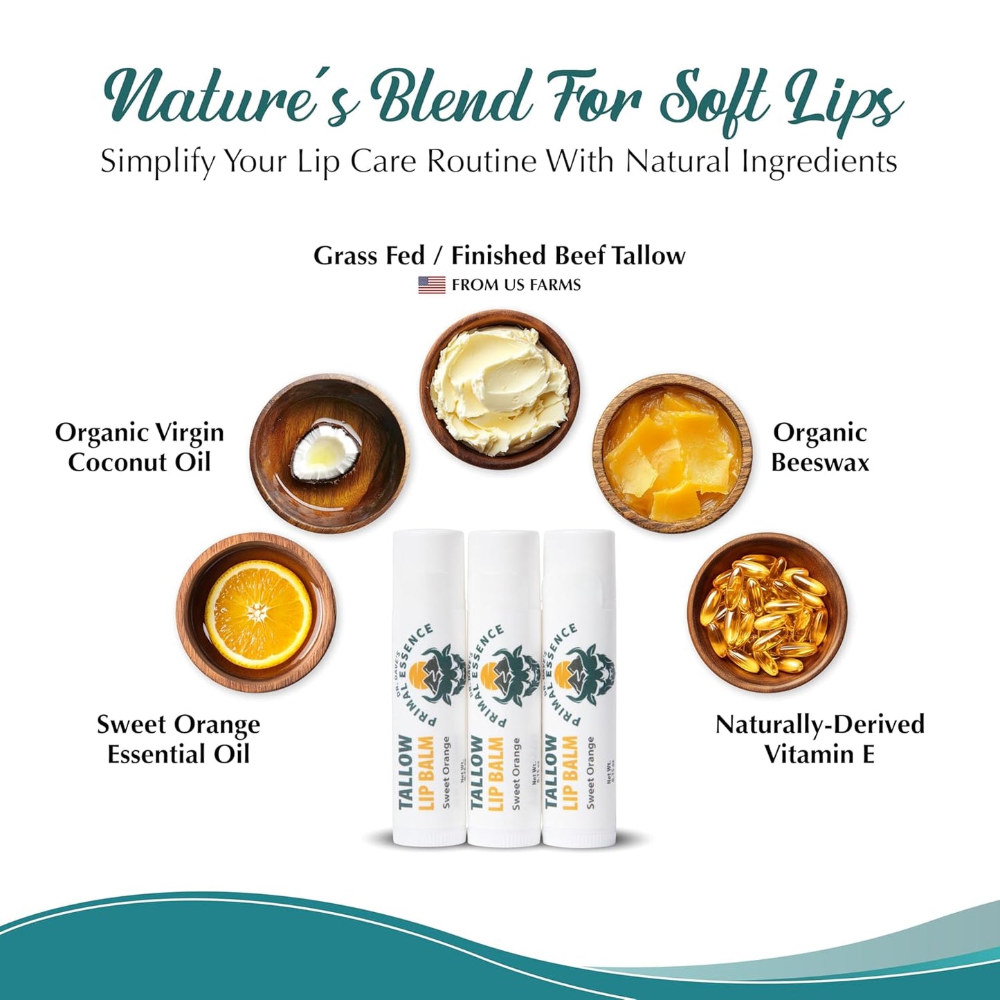 Moisturizing Tallow Lip Balm – Grass-Fed Beef Tallow with Organic Coconut Oil, Beeswax, and Vitamin E – Sweet Orange – Lip Balm Set – Travel Essential – 3-Pack
