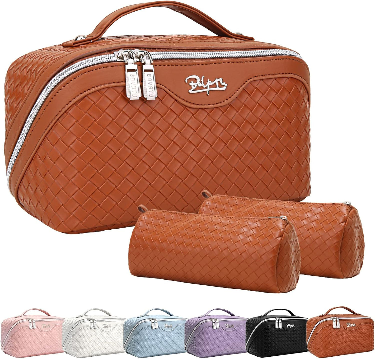 BOYATU Travel Makeup Bags for Women: 3 Pcs Large Make up Bags Set - Vegan Leather Cosmetic Bag for Traveling - Waterproof Toiletry Organizer Wide Open Portable Pouch (L08 Brown)