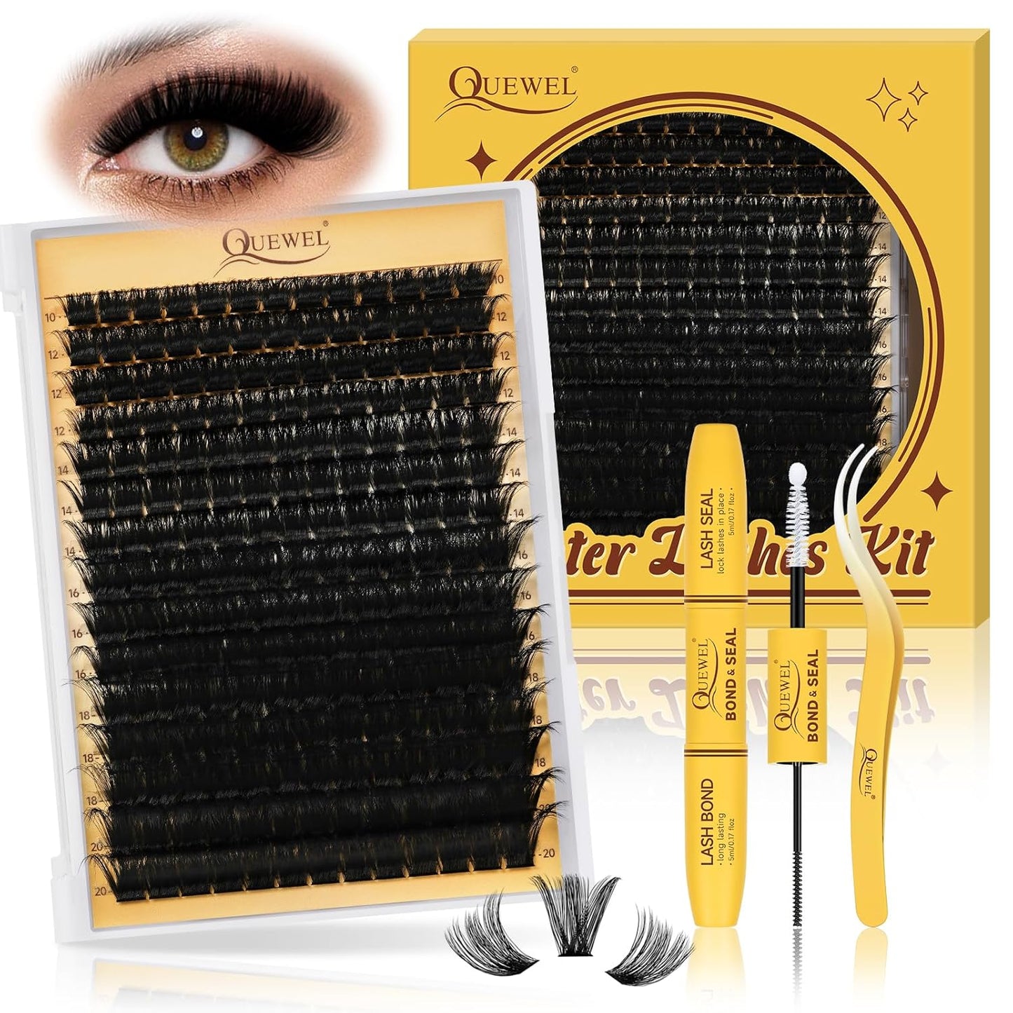QUEWEL DIY Lash Extension Kit, 300pcs Cluster Lashes Mixed 10-20mm Lash Clusters Kit with Lash Bond and Seal Waterproof, Lash Applicator and Brush, DIY Lash Extensions at Home(200D RR-KIT)