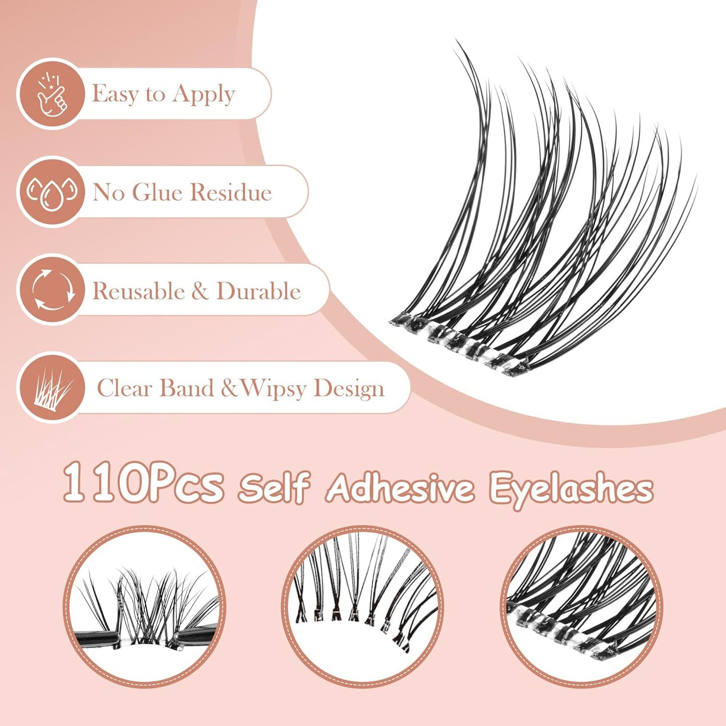 Self Adhesive Eyelashes, 112Pcs Clear Band Lash Clusters, Wipsy Pre-Glued Eyelash Clusters, No Glue Needed Press On Invisible Band Resuable Eyelashes(SC15)