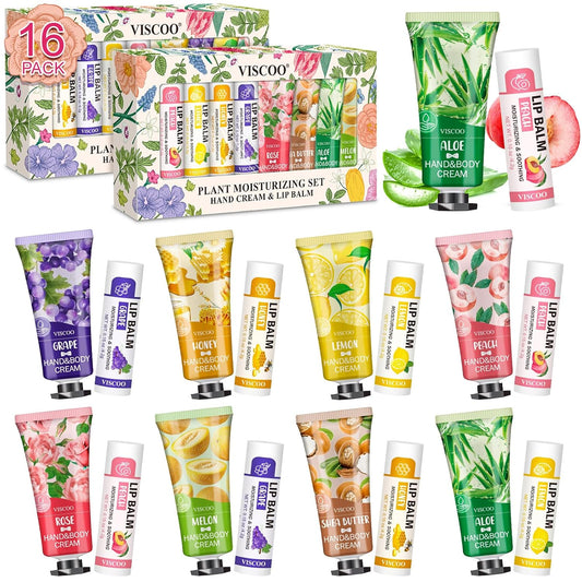 16 Pack / 8 Sets Bulk Lip Balm and Hand Cream Gift Set, Bridal Shower Gifts and Bridal Wedding Favors for Guests, Baby Shower Party Favors for Guests, Thank You Gifts, Birthday Gifts for Women