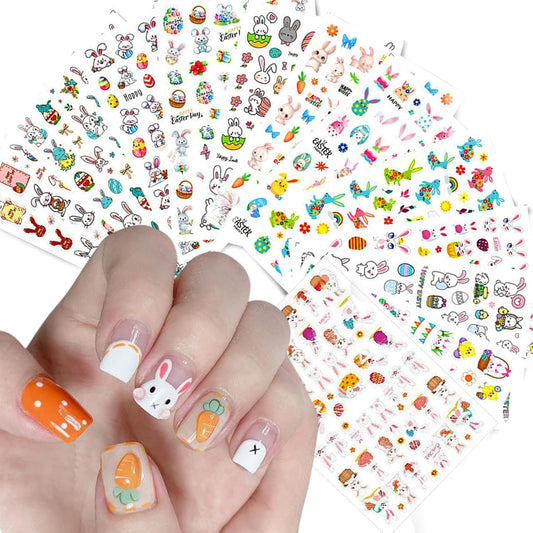 12 Sheets Easter Nail Art Stickers 3D Self-Adhesive Cute Bunny Nail Stickers Colorful Rabbit Eggs Carrot Design Carrot Nail Decals Easter Nail Supplies for Women Girls DIY Nail Art Decorations