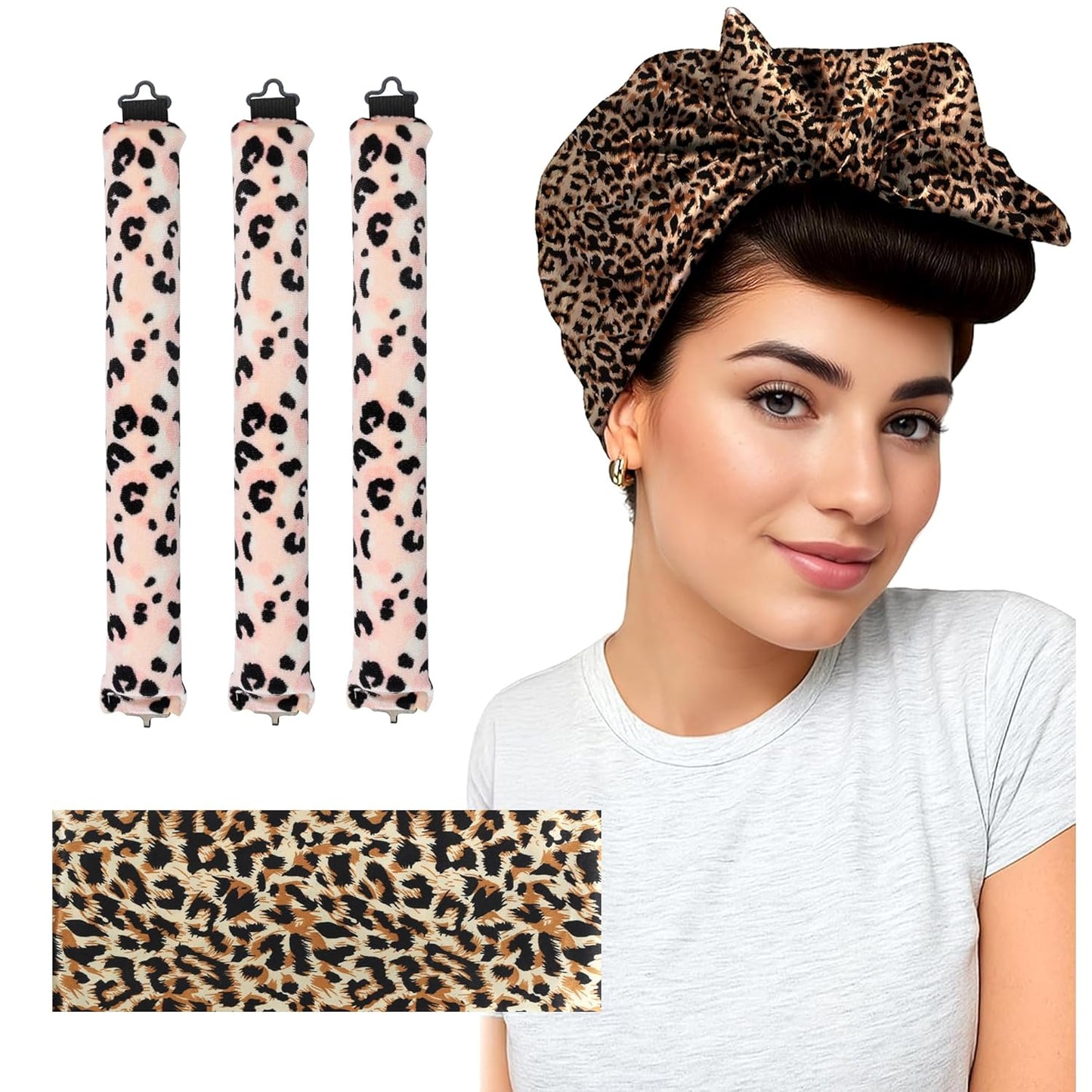 Heatless Curls Overnight Hair Curler - 3 Pcs Curling Rod to Sleep In, Velvet Hair Rollers with Satin Hair Scarf Girl's gift (Leopard Print)