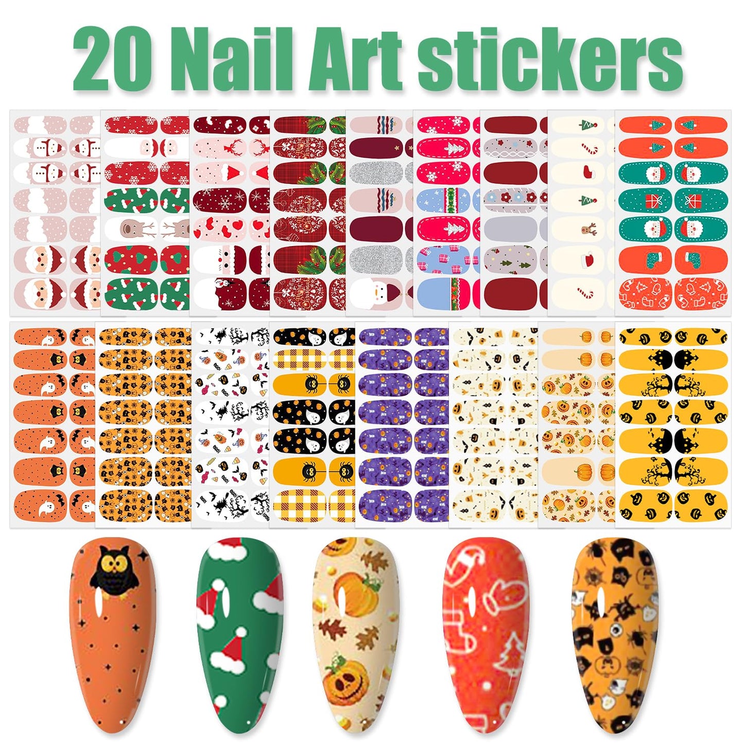 WOKOTO 20 Sheets Mixed Halloween Christmas Nail Polish Strips Full Nail Wraps Stickers for Women Nail Art Pumpkin Bat Ghost Witch Spider Halloween Nail Polish Stickers Gel Nail Wraps for Girls