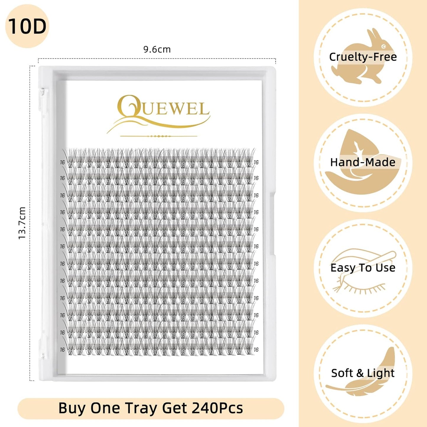 QUEWEL Cluster Lashes 240Pcs Individual Lashes 10D 0.10C Curl 16mm Knot-Free Lash Extensions Clusters Lashes Soft&Natural False Eyelashes Individual DIY Eyelash Extension at Home(10D 0.10C 16)