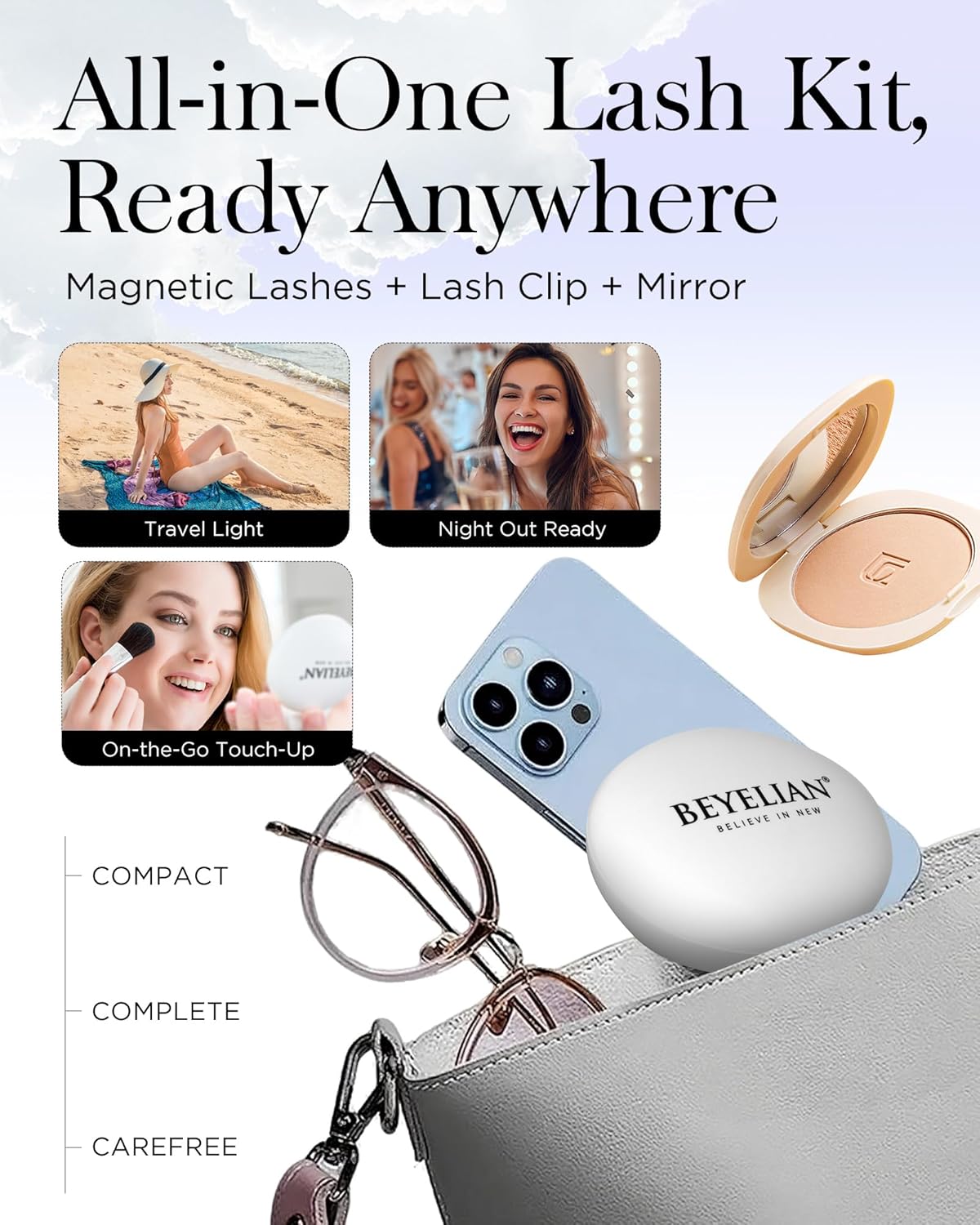 BEYELIAN Portable Magnetic Eyelashes with Applicator All-In-One Box,Upgrade Soft Magnetic Lashes Natural Look, Reusable No Glue Needed Fale Eyelashes for Eye (Lightweight & Comfortable)