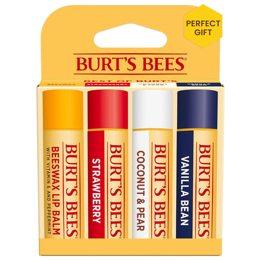 Burt's Bees Lip Balm, Beeswax, Strawberry, Coconut and Pear, and Vanilla Bean Pack, With Responsibly Sourced Beeswax, Tint-Free, Natural Lip Treatment, 4 Tubes, 0.15 oz.