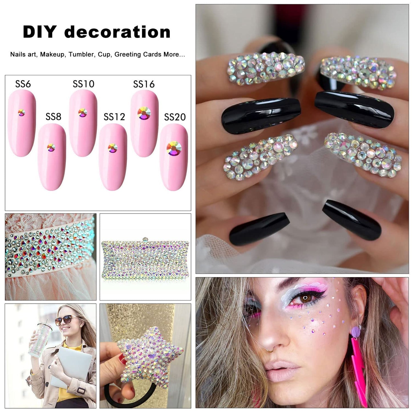 4240Pcs Transparent Ab Flatback Rhinestones 6 Sizes Crystal Diamonds for Nail Art Crafts Clothes Shoes with Tweezers and Picking Pen