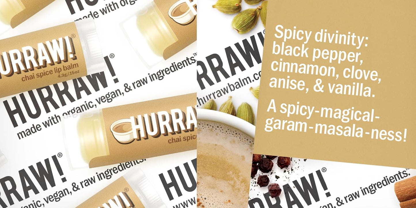 Hurraw! Chai Spice, Green Tea, Coffee Bean Lip Balms, 3 Pack Bundle: Organic, Certified Vegan, Cruelty and Gluten Free. Non-GMO, 100% Natural Ingredients. Bee, Shea, Soy and Palm Free. Made in USA